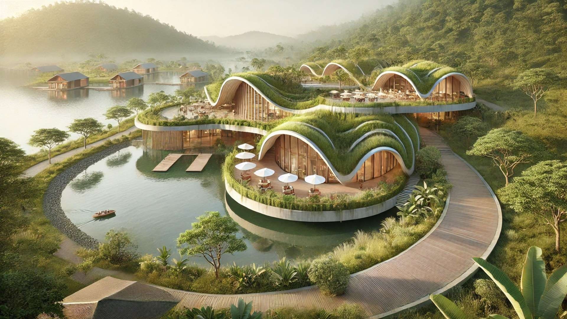 Flowing, low-profile clubhouse with planted roofs and open pavilions emerging from the landscape, overlooking a calm lake with winding paths and gardens.