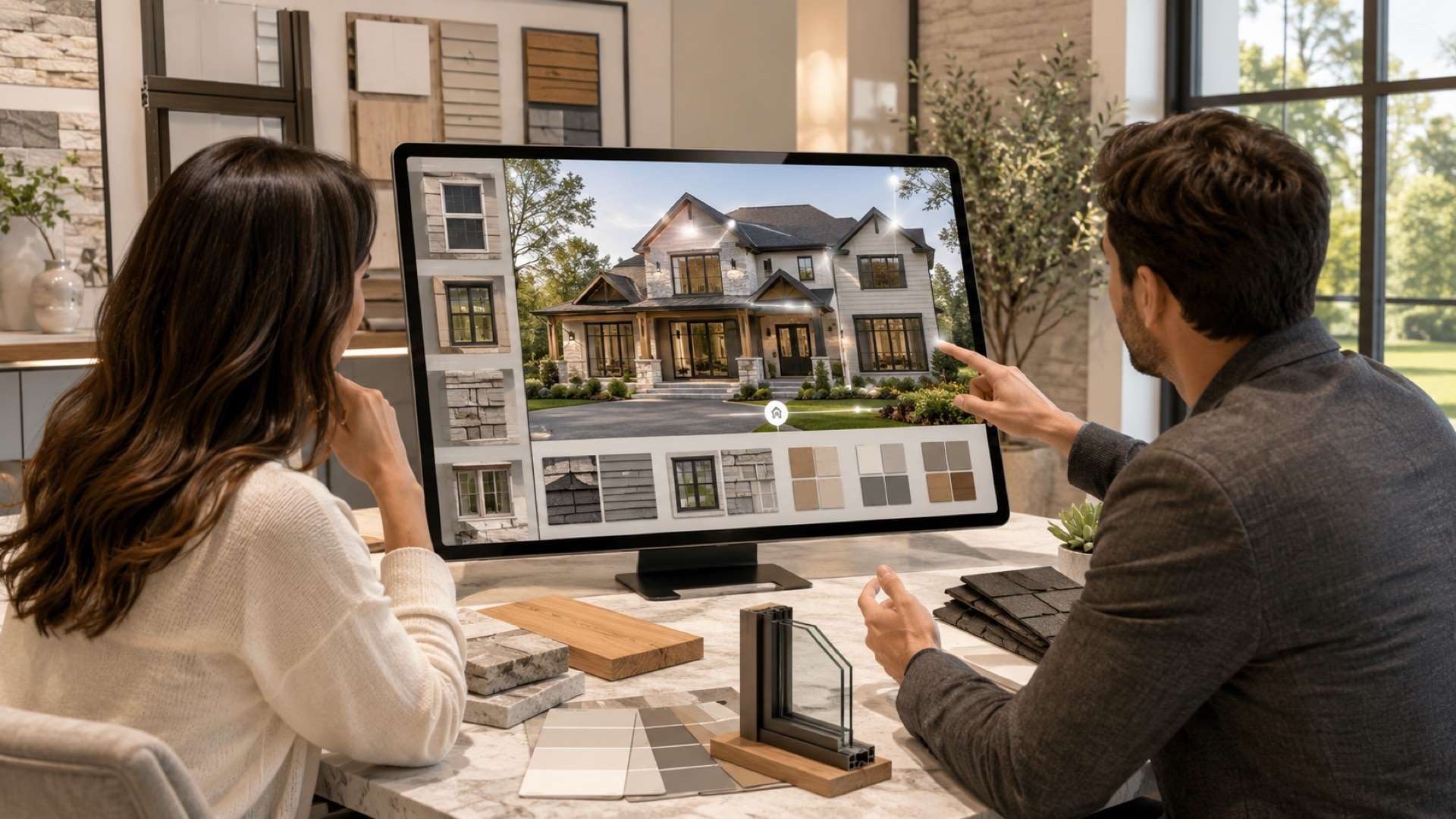 A homeowner and design professional review a large digital home visualizer showing a luxury exterior renovation, surrounded by roofing, siding, stone, window, and color samples in a bright design studio.