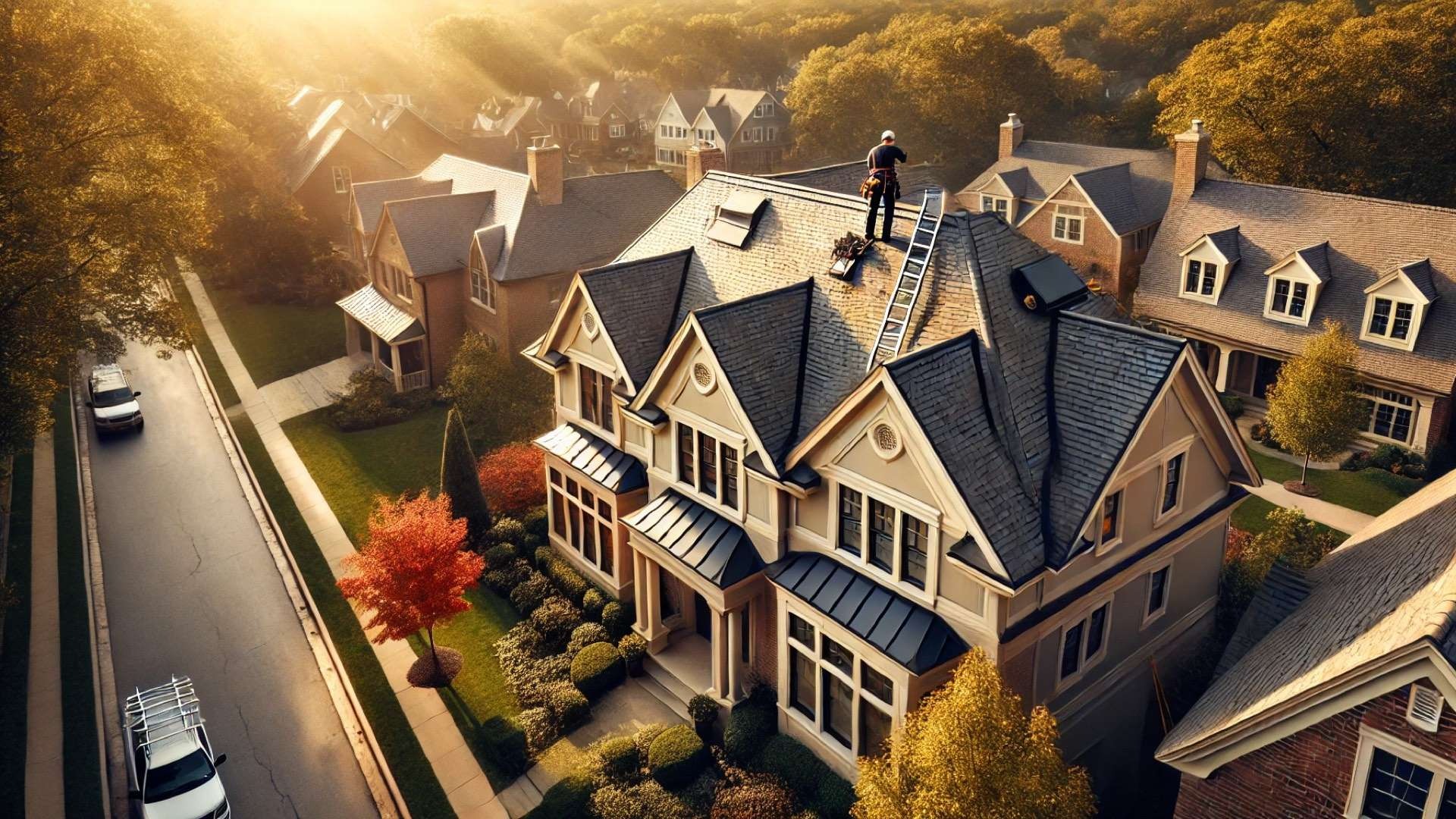 elegant, well-maintained home in an upscale neighborhood, with a roofing contractor conducting a careful inspection under warm afternoon light