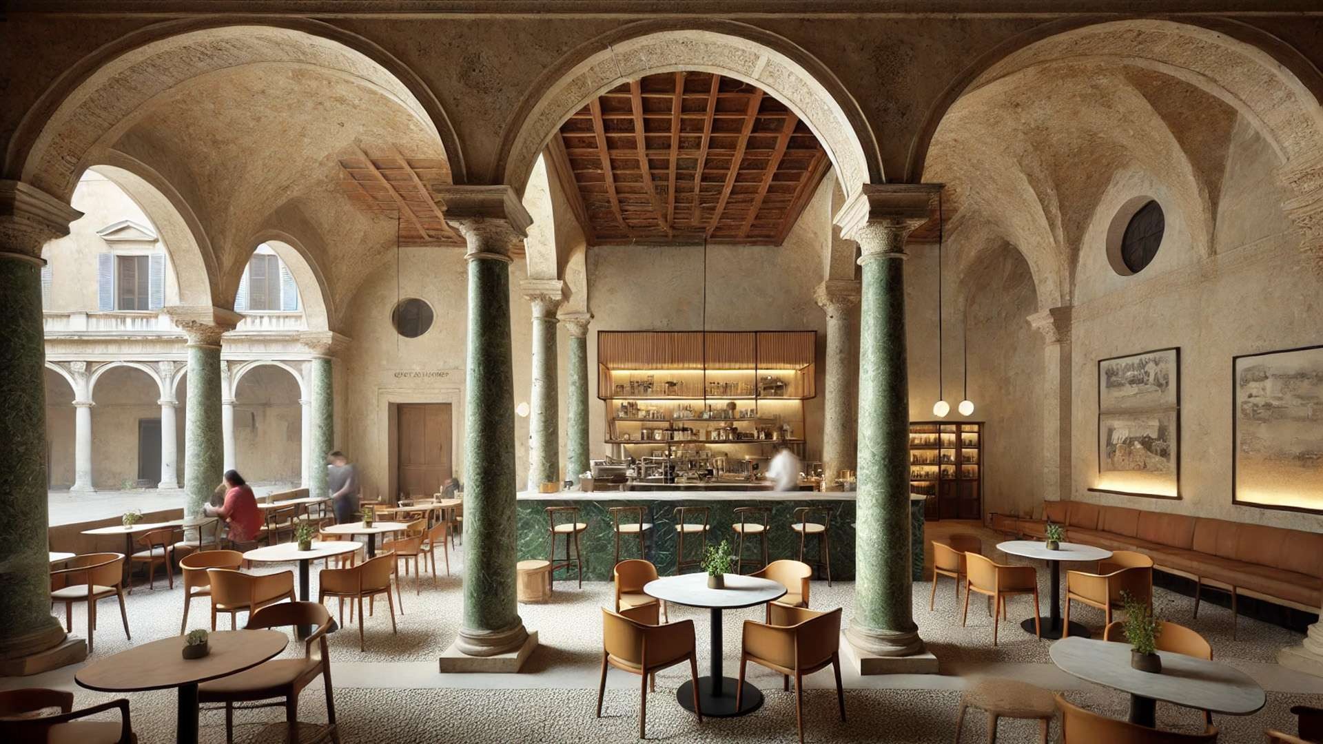 Historic Italian café set beneath arched colonnades with aged plaster walls, green marble bar, and wooden tables, next to an indoor courtyard.