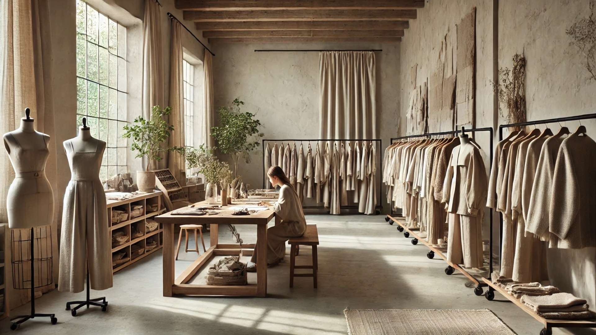 Quiet eco-luxury fashion atelier with organic textiles, clothing racks, natural materials, and a designer crafting garments near large windows.