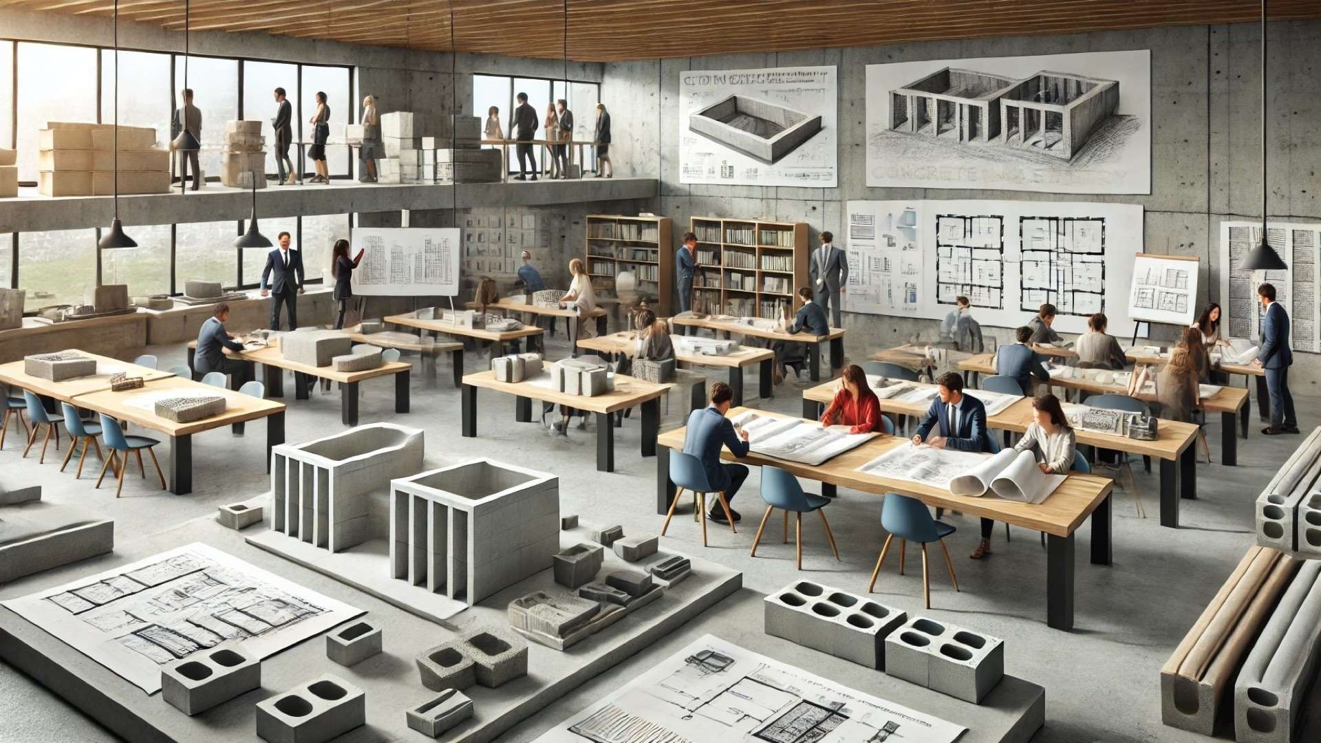 Concrete Masonry Checkoff (CMC), focusing on the workforce development pillar—depicting a modern, collaborative masonry education setting with hands-on training and diverse participants