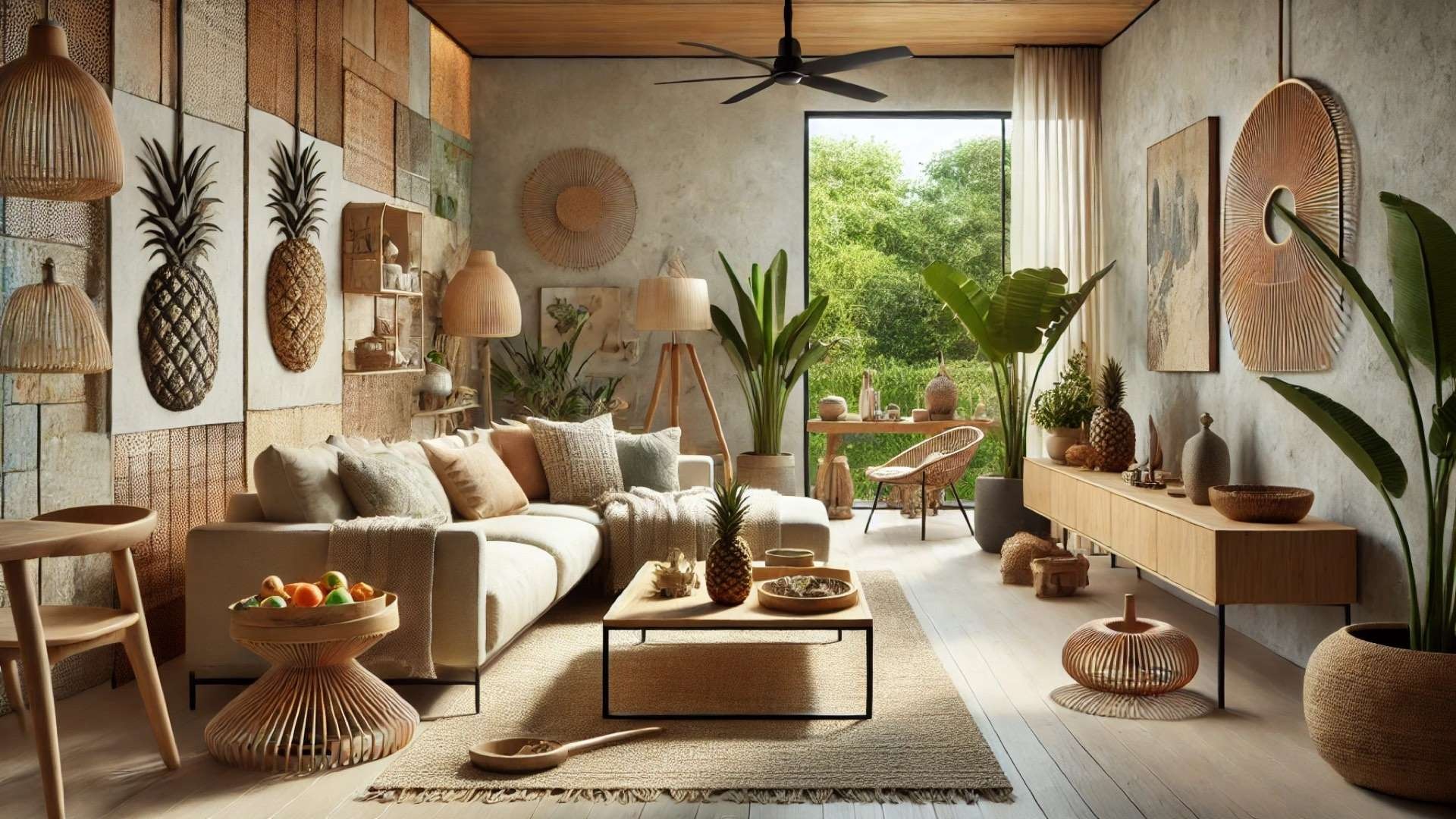 sustainable, beautifully styled living room that reflects eco-conscious luxury and modern design values