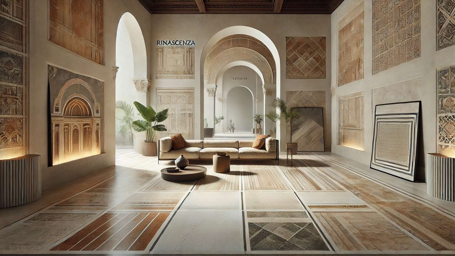 illustration inspired by the Rinascenza collection—blending traditional Italian architecture with modern surfaces, textures, and design sensibilities