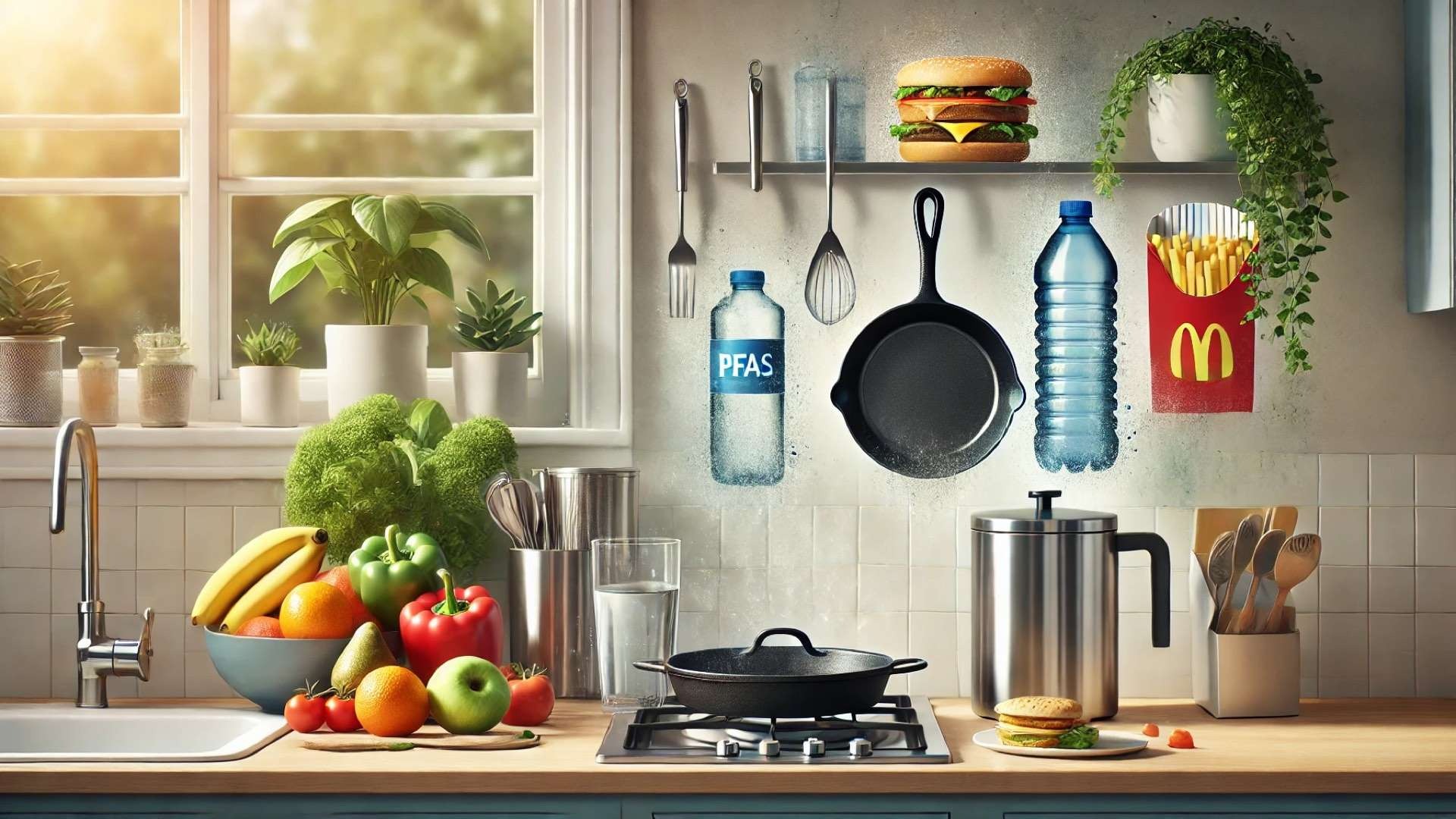 Bright kitchen scene with fresh produce, stainless steel cookware, and filtered water, contrasted with ghosted fast-food packaging and nonstick items symbolizing hidden chemical exposure.