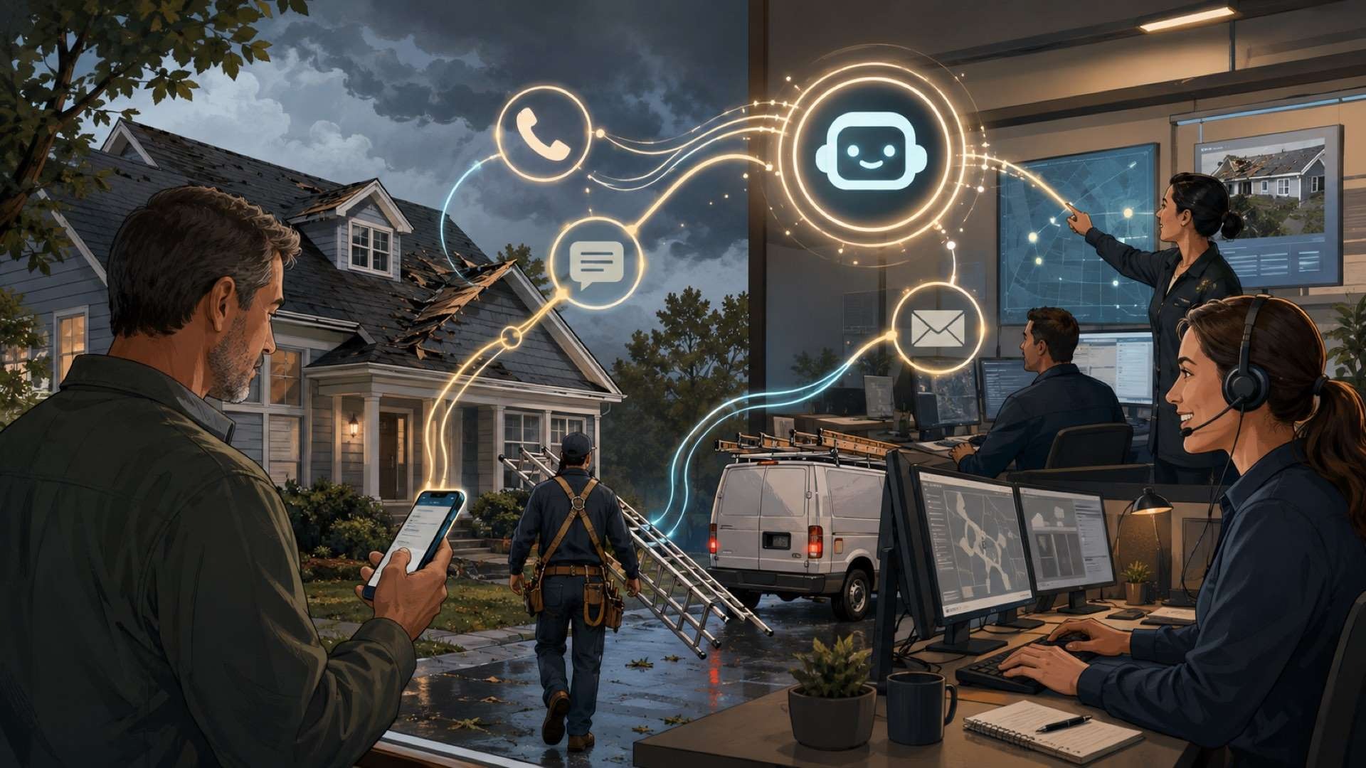 A homeowner and a roofing company’s office are linked through glowing AI-powered phone, text, and email connections, showing fast storm-response coordination between customer, crew, and support team.