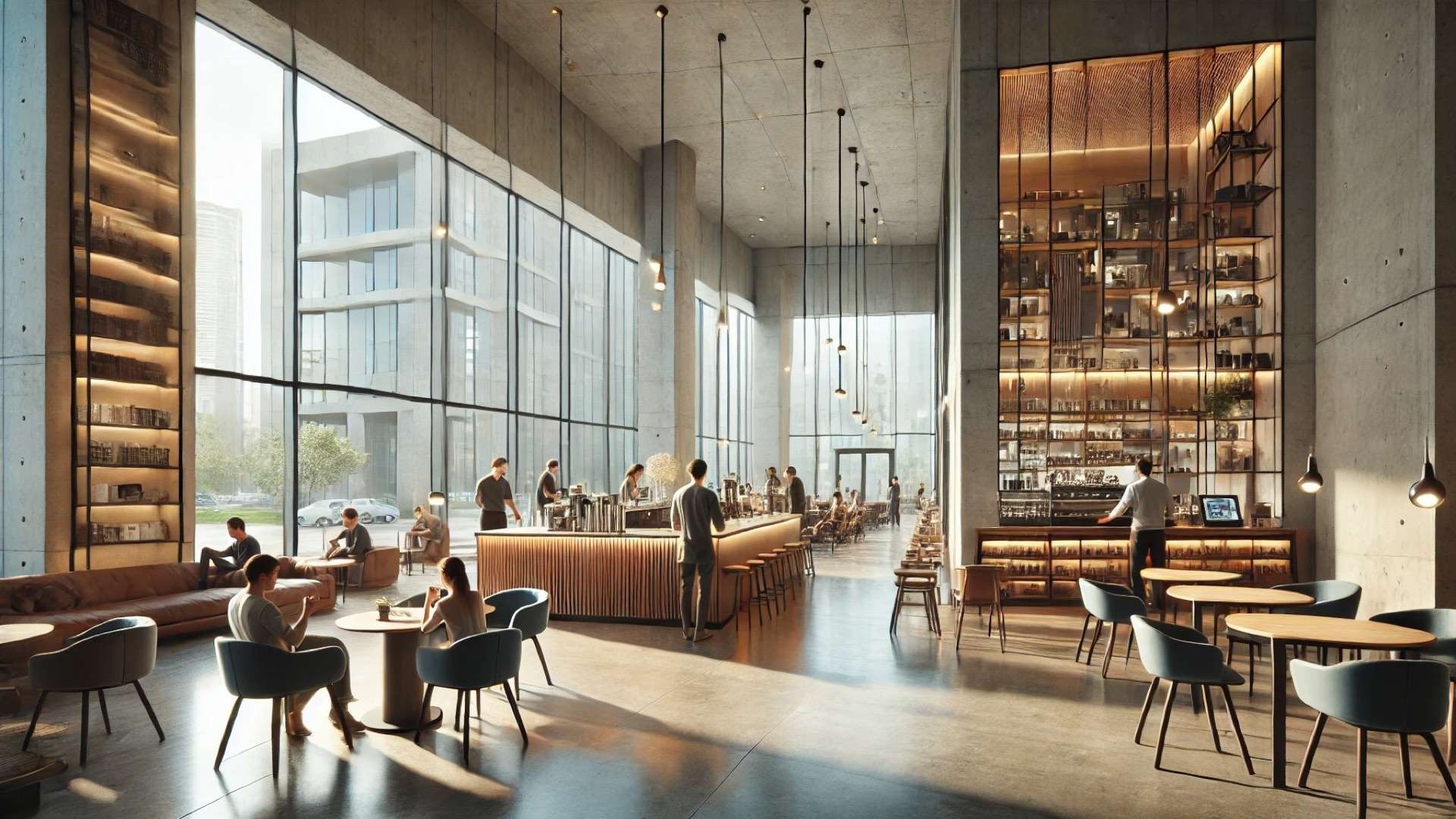 Tall concrete-and-glass café interior with a central coffee bar, lounge seating, and illuminated shelving displaying design objects in a bright mixed-use studio setting.