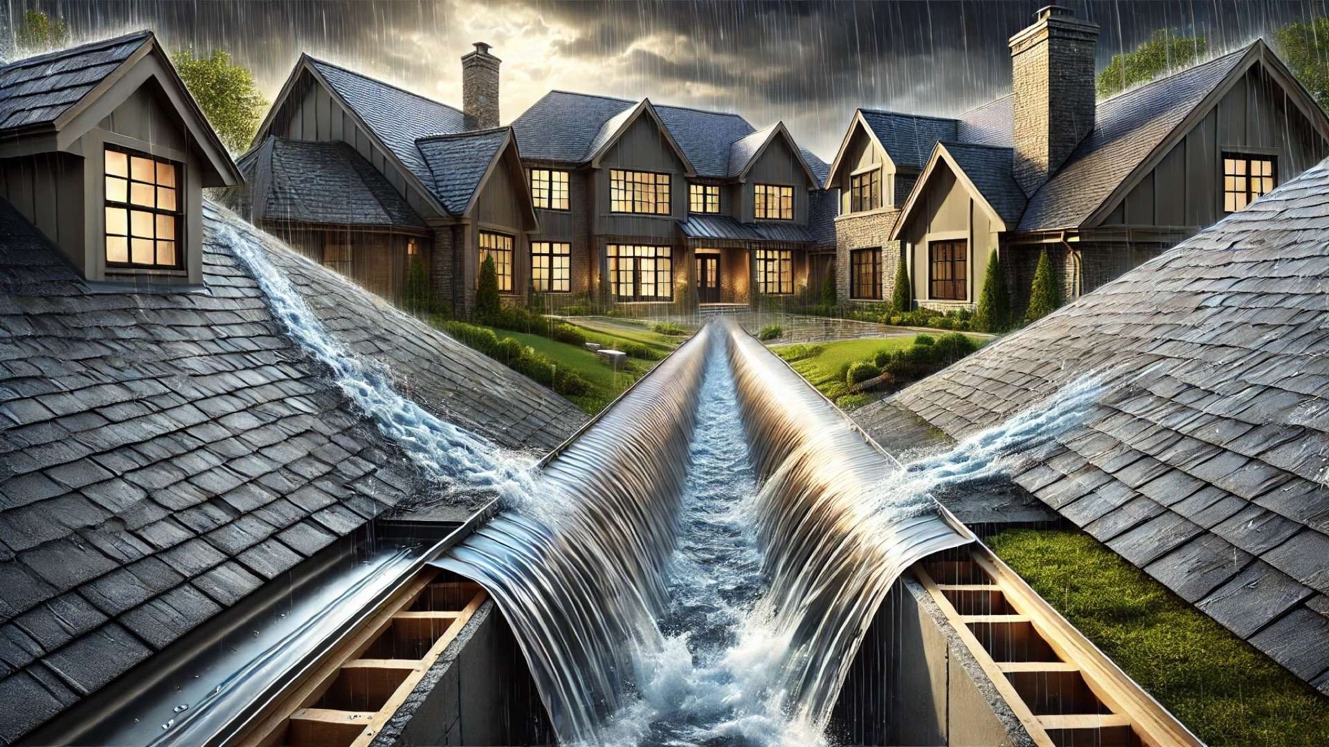 Large upscale house with converging roof slopes directing heavy rainfall into a wide metal valley channel, illustrating high-volume drainage and structural roof layers.