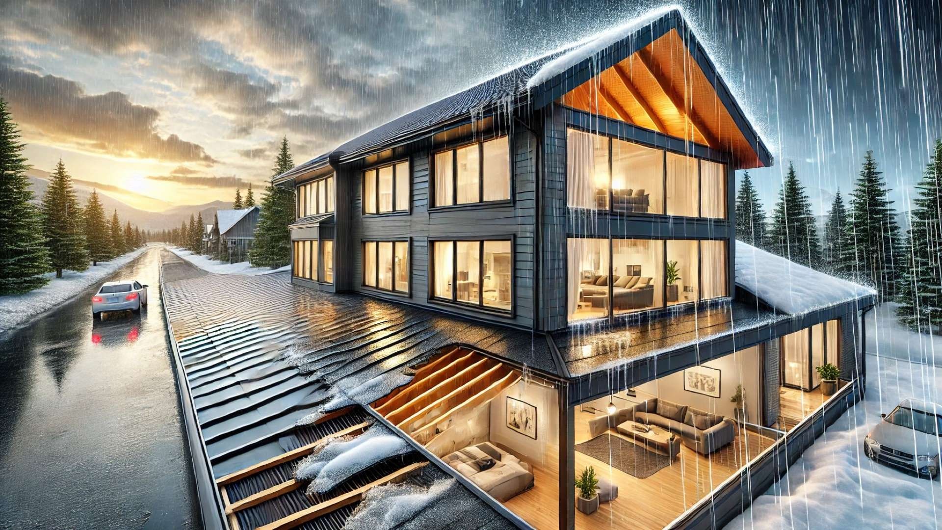 Contemporary Canadian house with a standing seam metal roof shedding heavy spring rain, shown with a cutaway attic revealing dry insulated roof construction beneath melting snow and stormy skies.