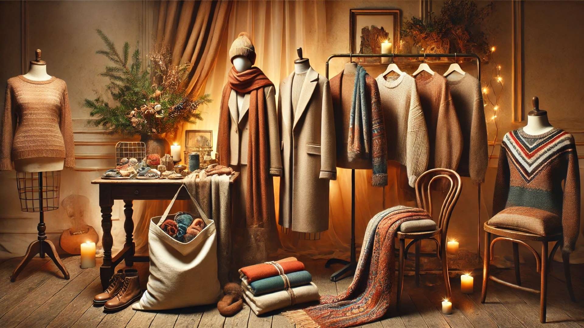 sustainable luxury fashion for the 2025 holiday season—featuring eco-friendly garments, artistic accessories, and a cozy, festive setting