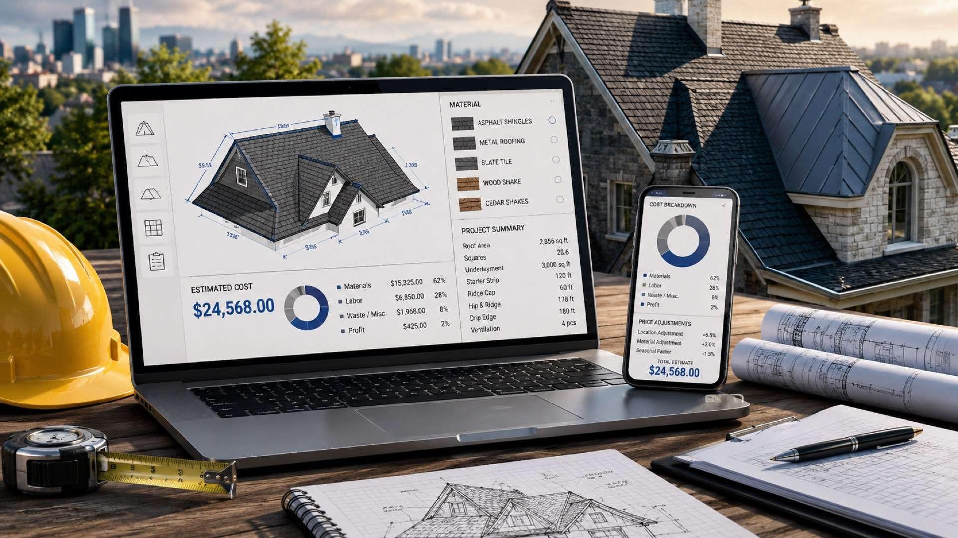 A roofing estimator uses digital calculator tools on a laptop and phone to compare roof materials, costs, and project details beside an upscale home.