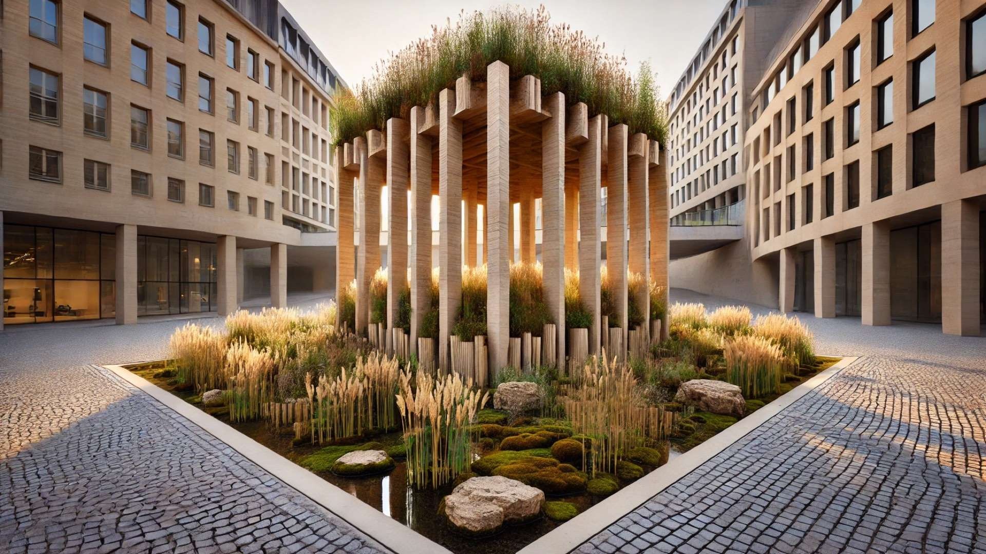 illustration inspired by the Solum project by Atelier Faber—highlighting ecological restoration, porous soil, and layered sandstone and reed elements within an urban setting