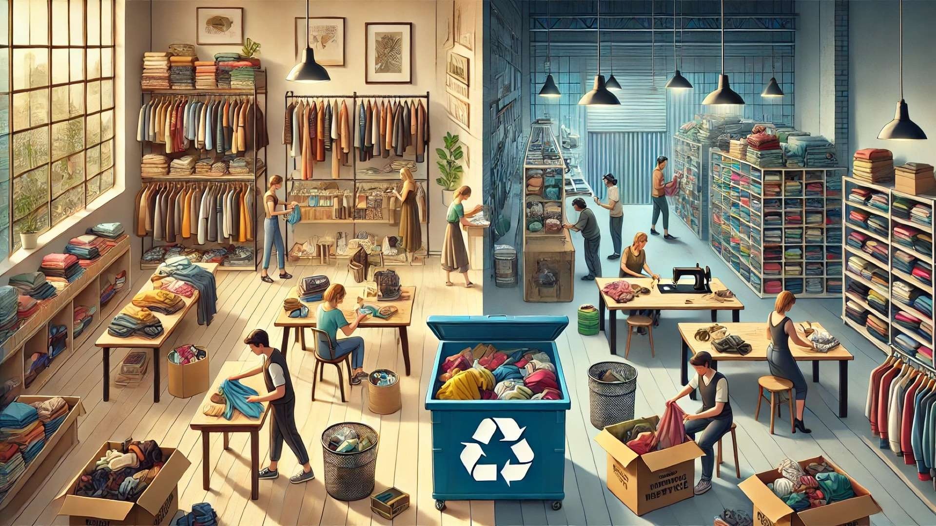 Community-driven textile reuse center with clothing racks, sewing stations, and people organizing donated garments into reusable and recyclable categories.