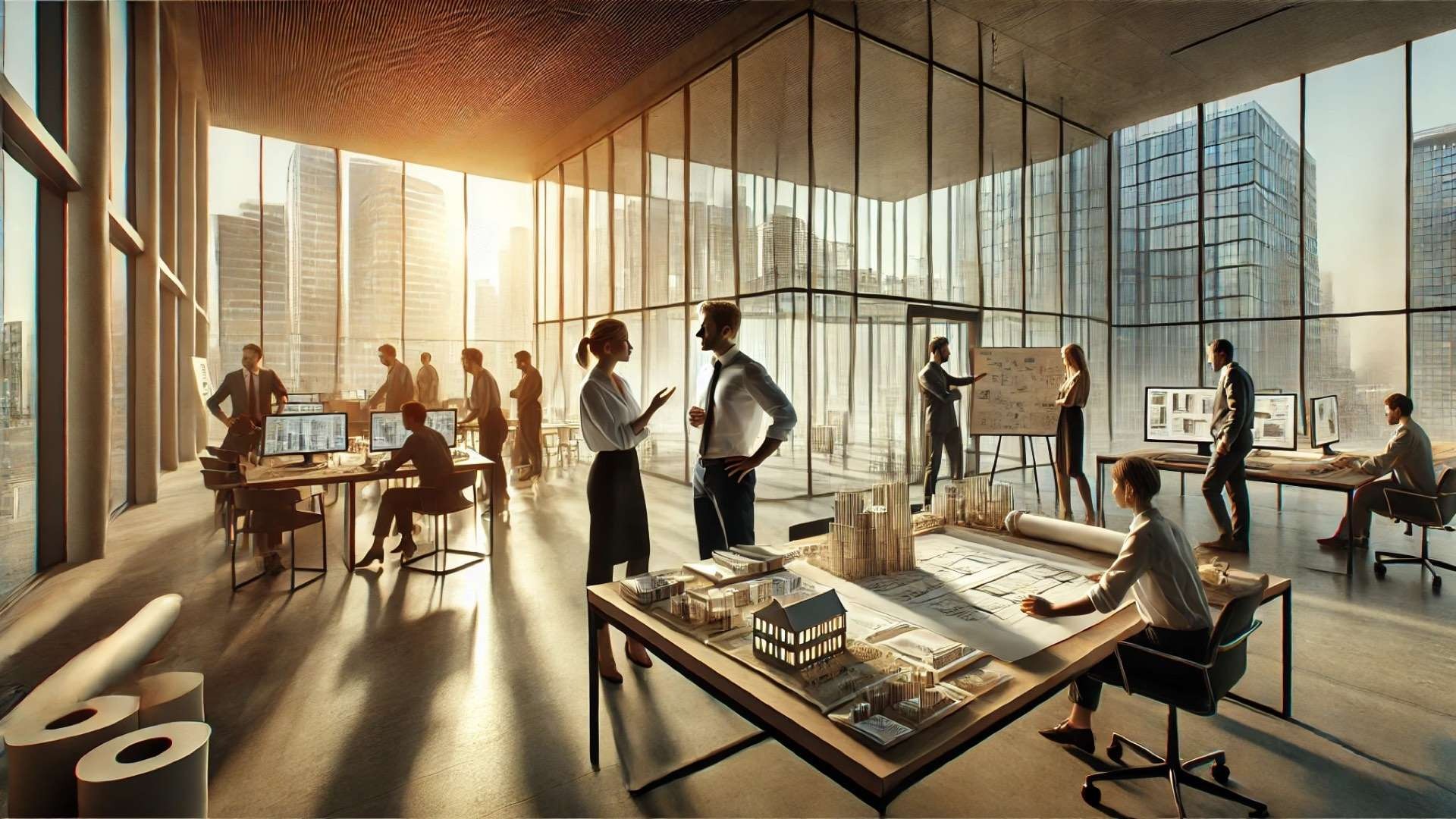 Modern architecture studio with two leaders at the center guiding a team around a table of models and drawings, set against a sunlit city backdrop.