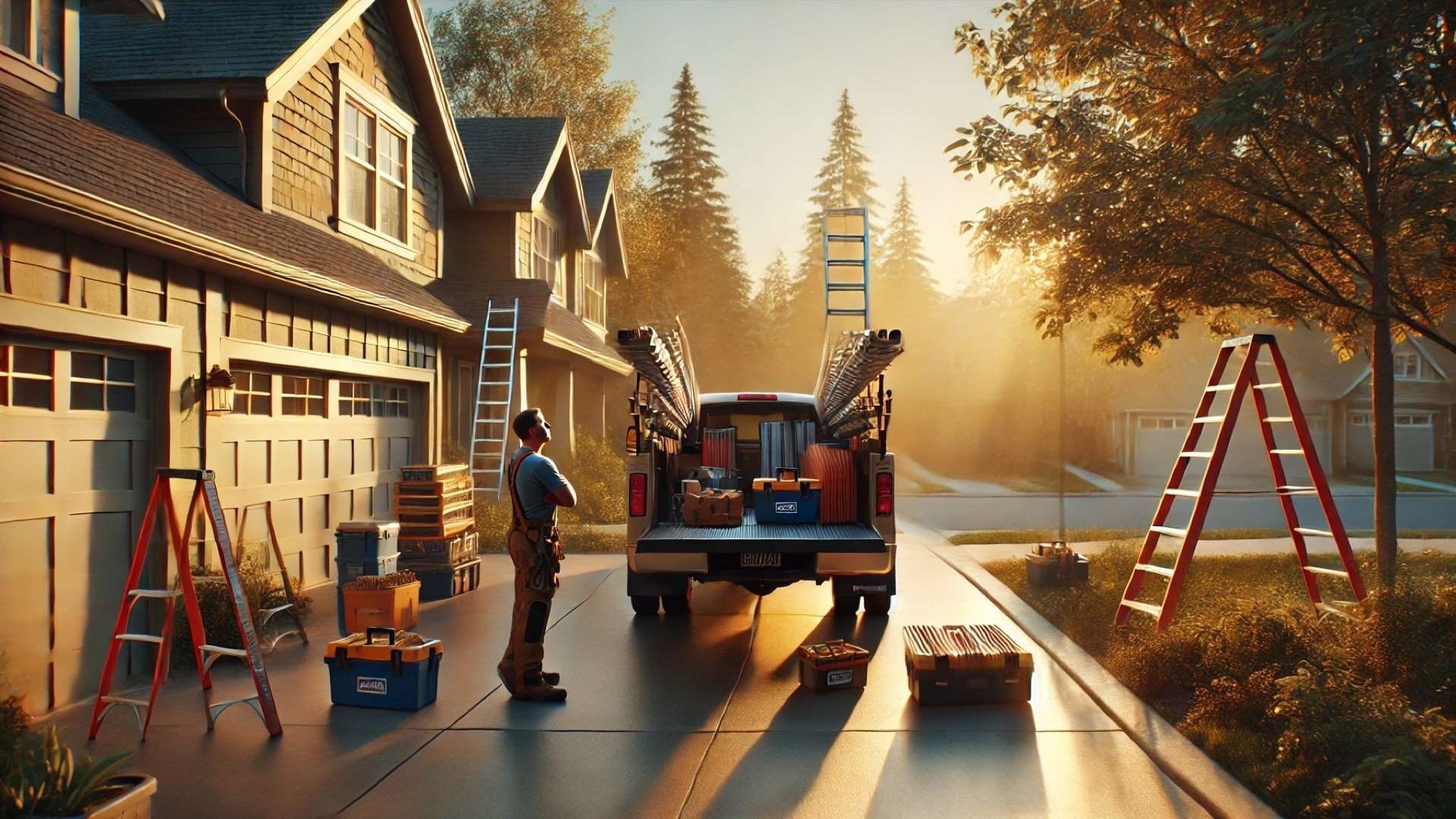 A cleanly parked roofing truck in a quiet residential area with no active work underway, conveying completion and control.