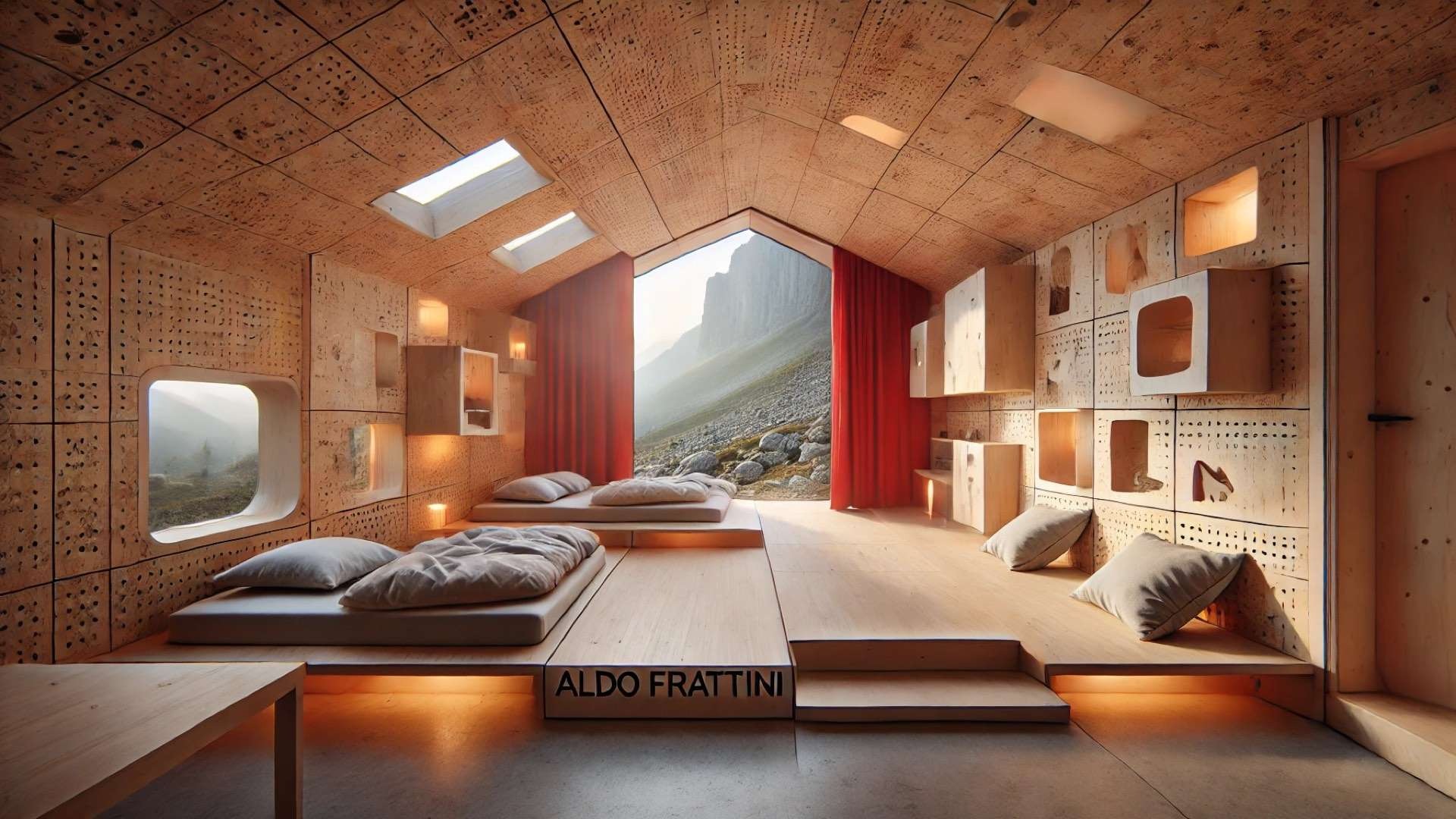 Aldo Frattini Bivouac, highlighting its modern alpine design, natural materials, and compact warmth