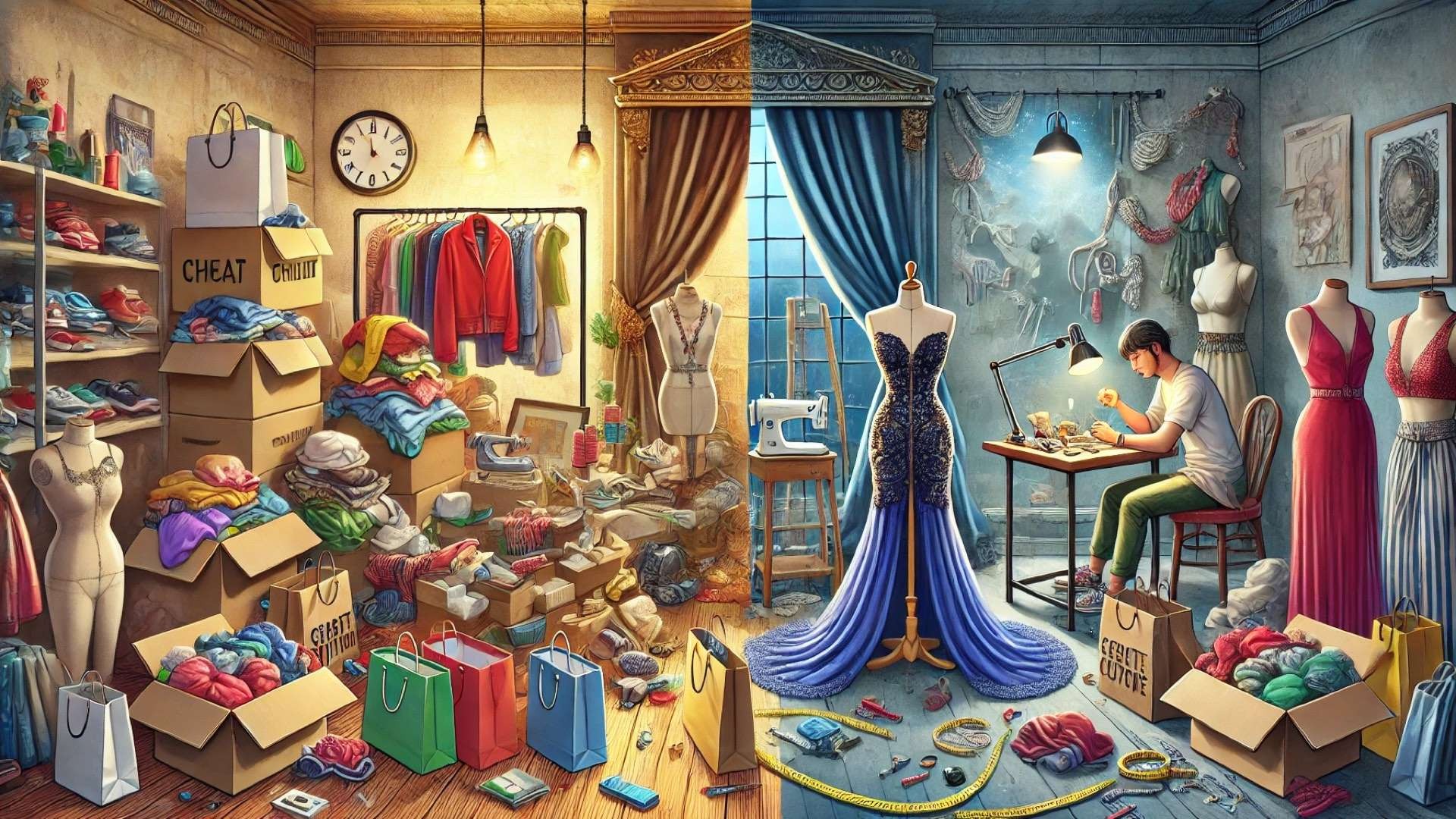 showing the contrast between fast fashion haul culture and haute couture craftsmanship