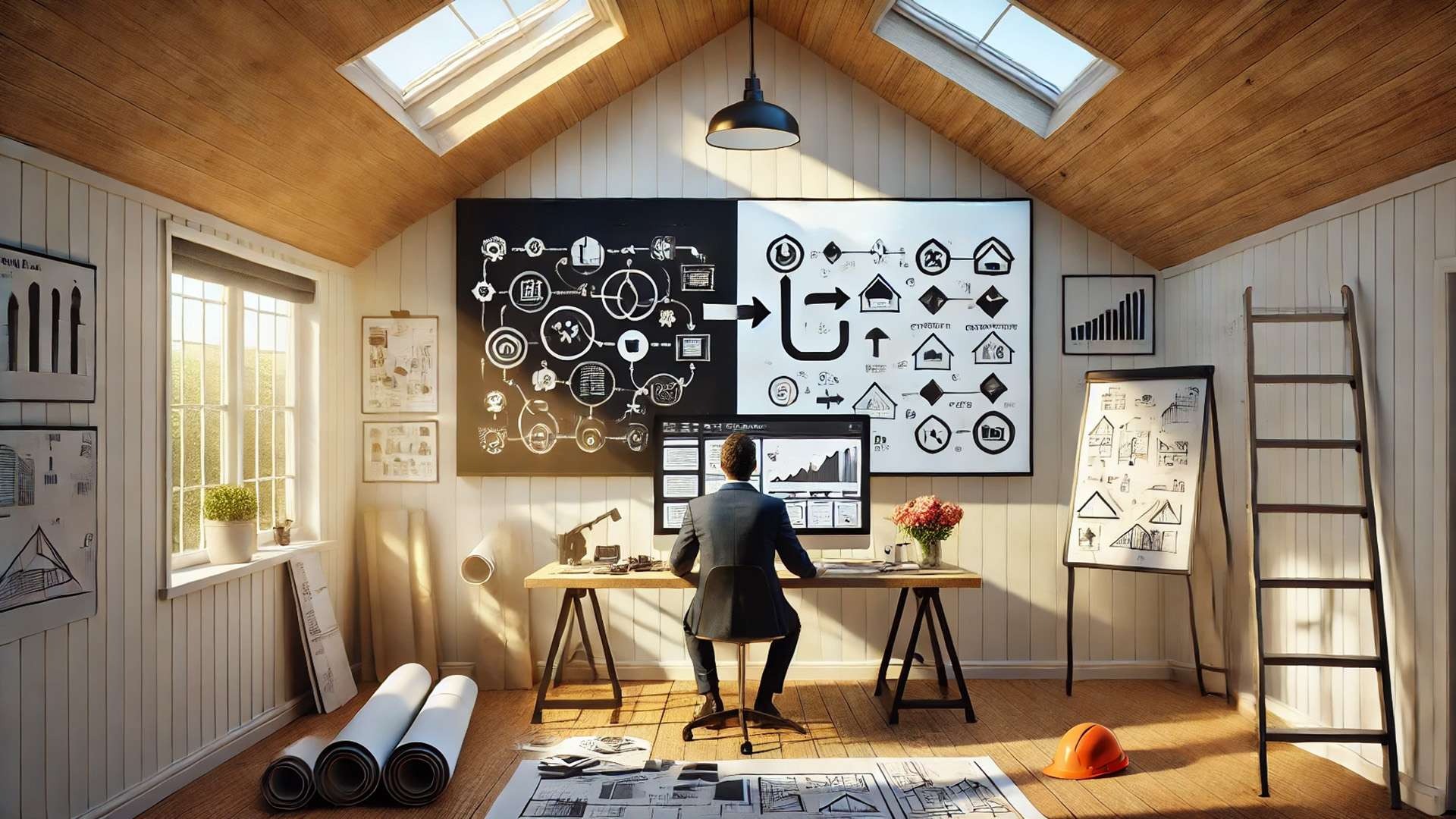 Roofing company owner reviewing disorganized and organized workflow diagrams in a bright contractor office with plans and roofing sketches nearby.