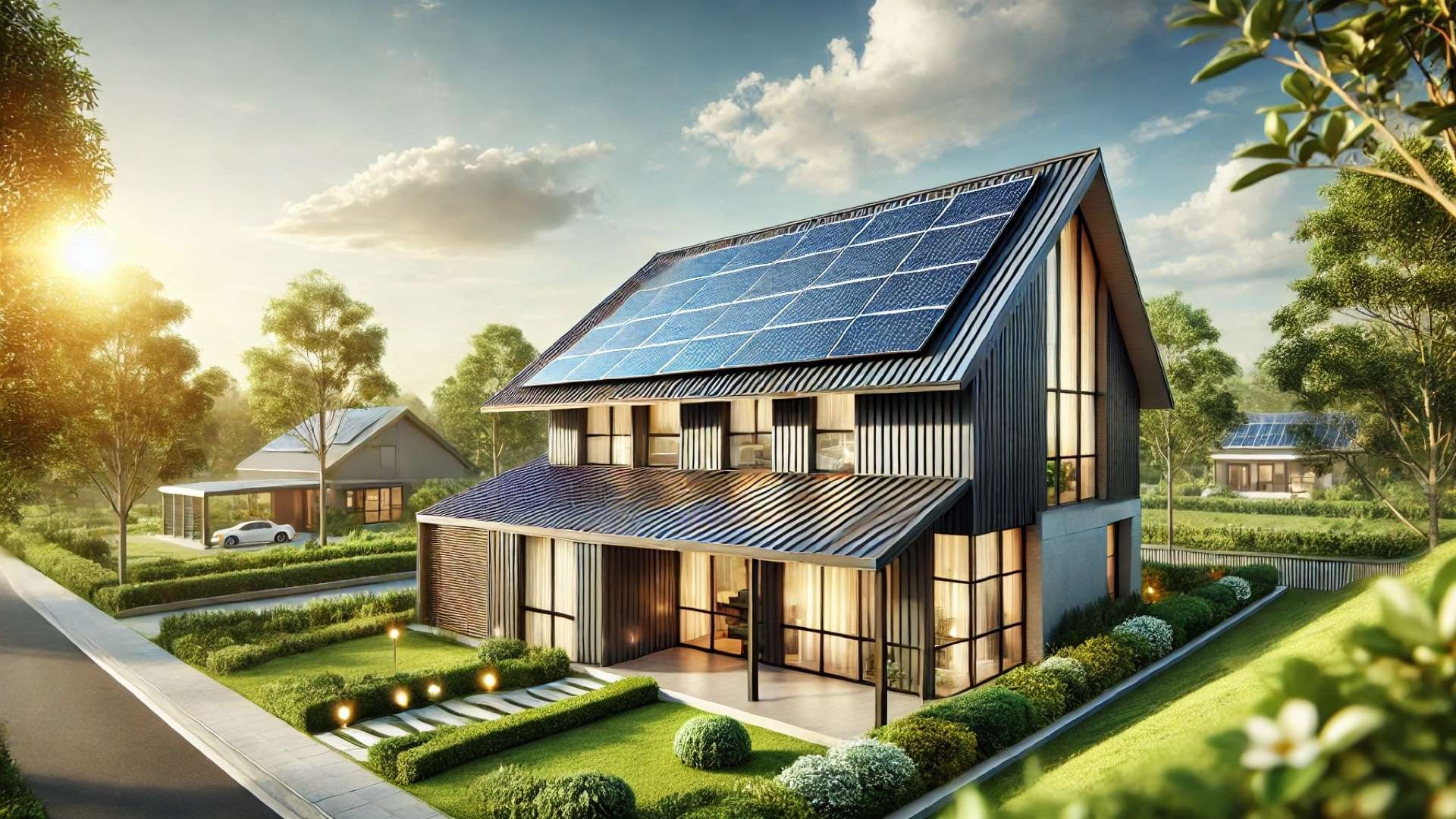 highlighting a modern home with solar panels seamlessly integrated onto a metal roof, emphasizing sustainability, durability, and architectural harmony
