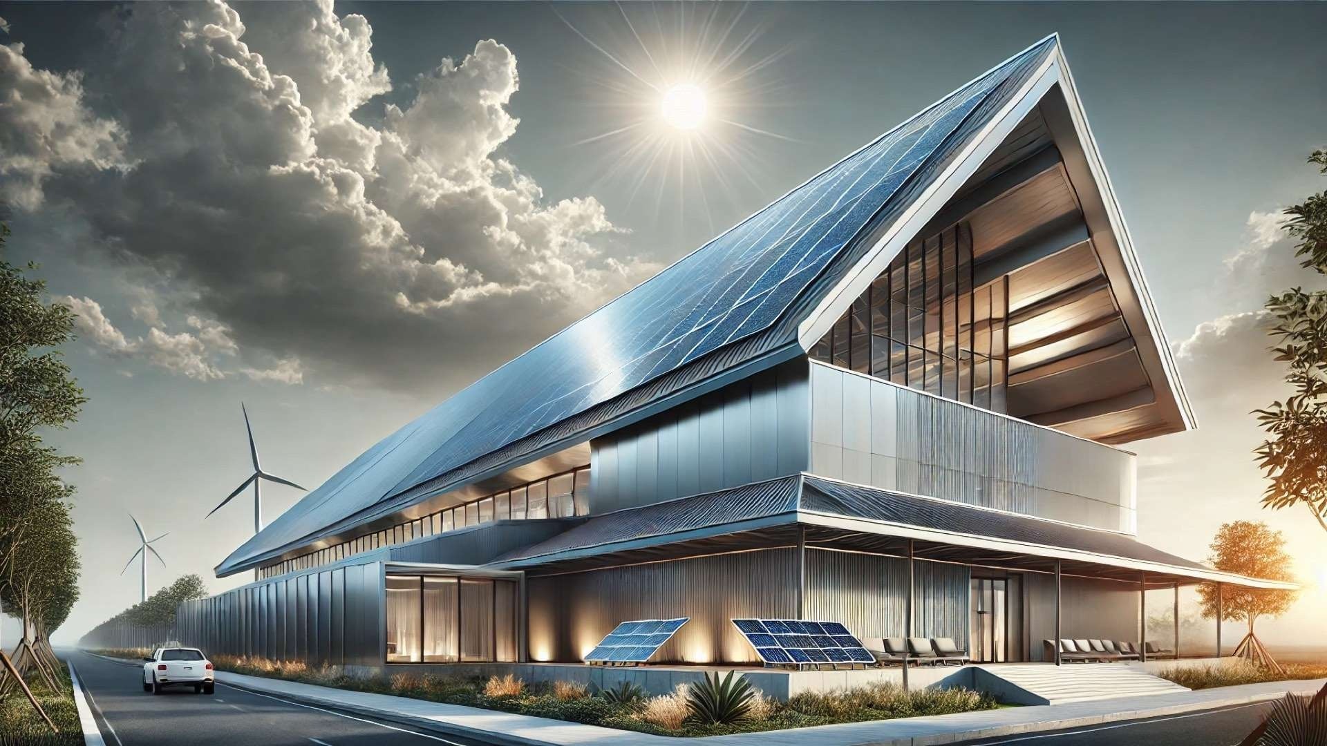 capturing the strength, sustainability, and design versatility of steel roofing in a modern construction setting