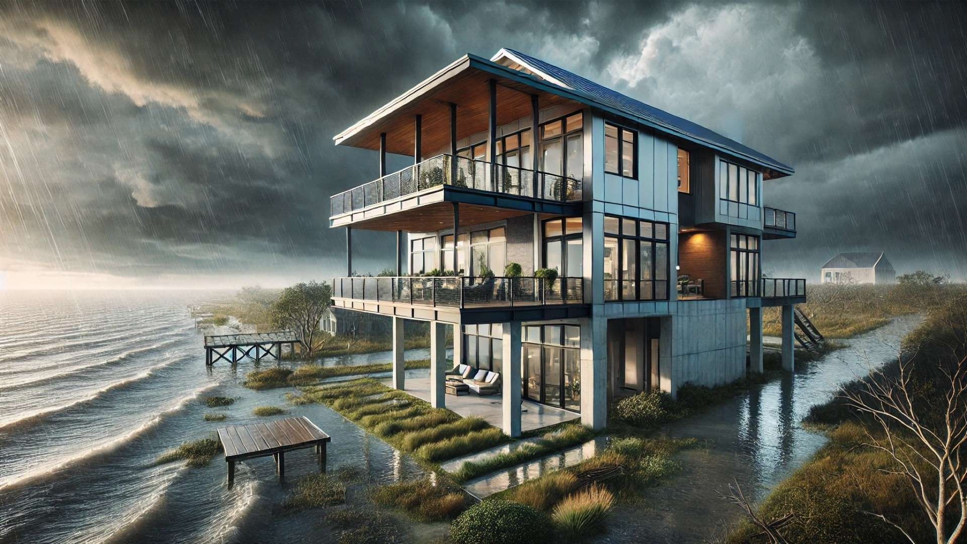 Elevated modern coastal home with reinforced structure and metal roof standing above rising floodwaters during a storm, dark clouds and wind-driven rain surrounding the resilient building.