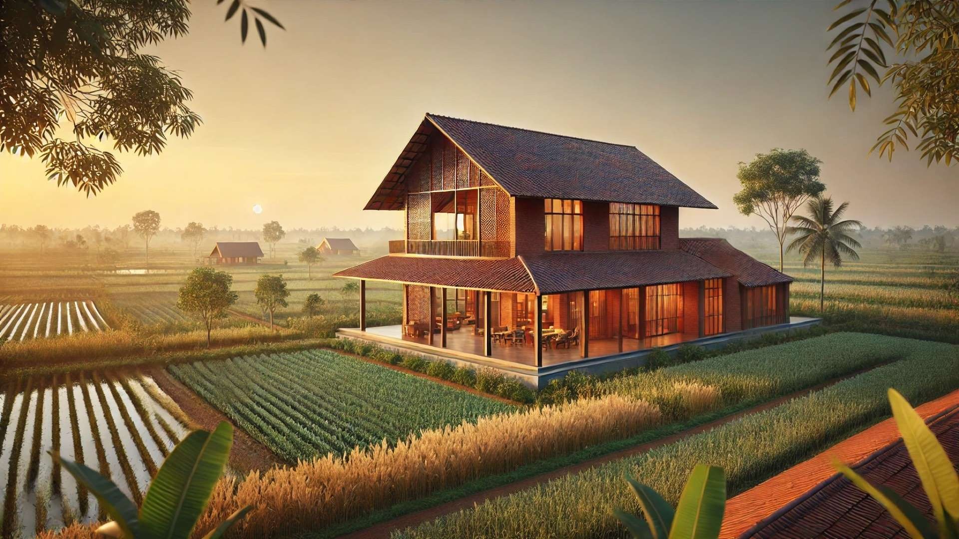 Contemporary brick farmhouse set amid lush agricultural fields at sunrise, featuring deep verandahs and warm, light-filled interiors that blend seamlessly with the rural landscape.
