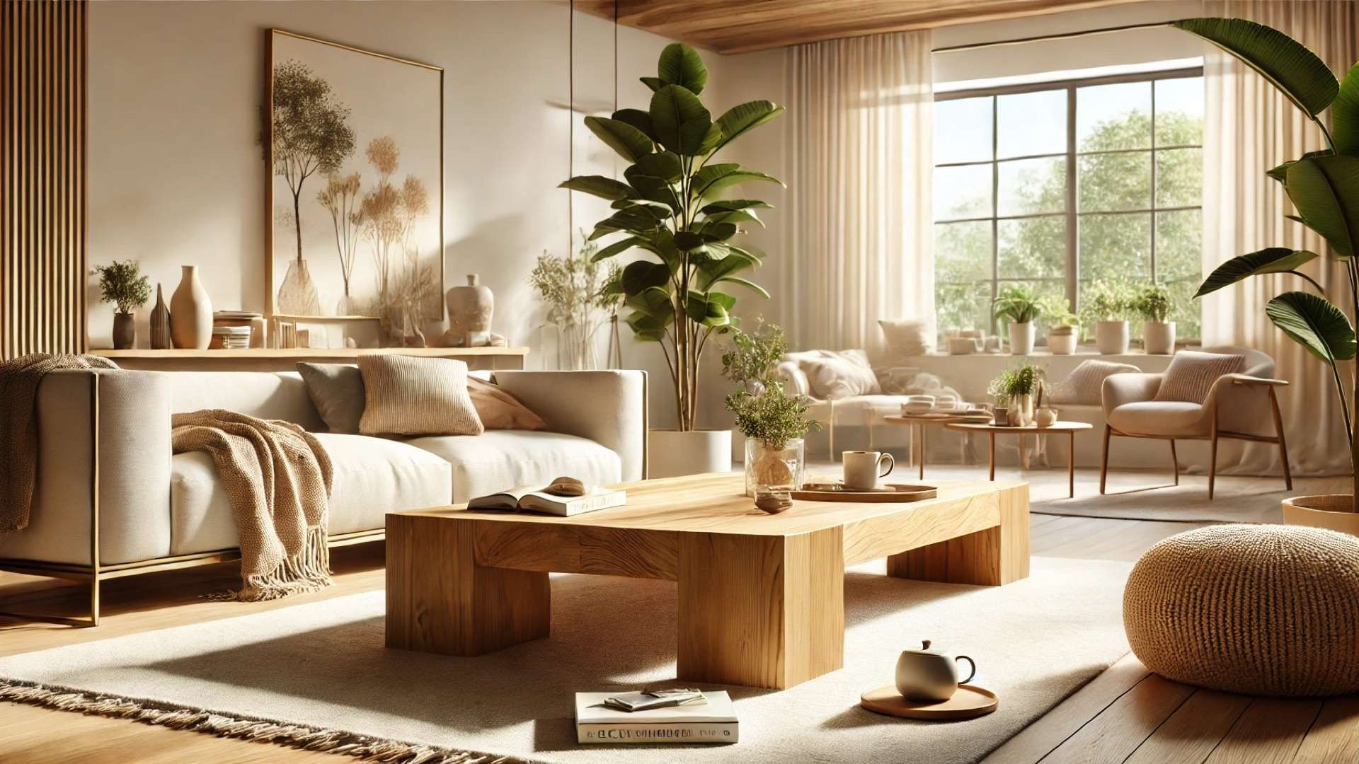 cozy, modern living room featuring sustainably crafted coffee tables made from reclaimed or FSC-certified wood