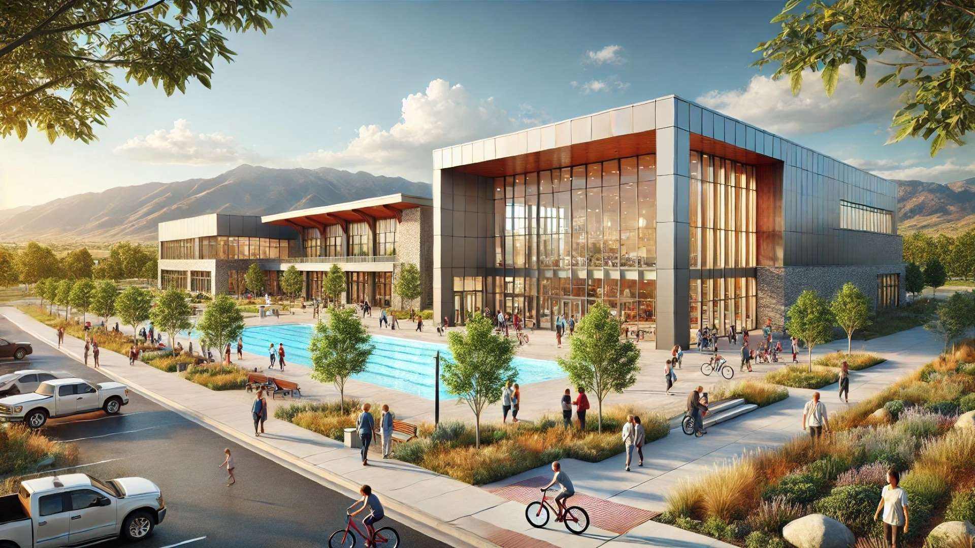 Modern glass-and-stone community recreation center with families gathering outside and mountains in the background.