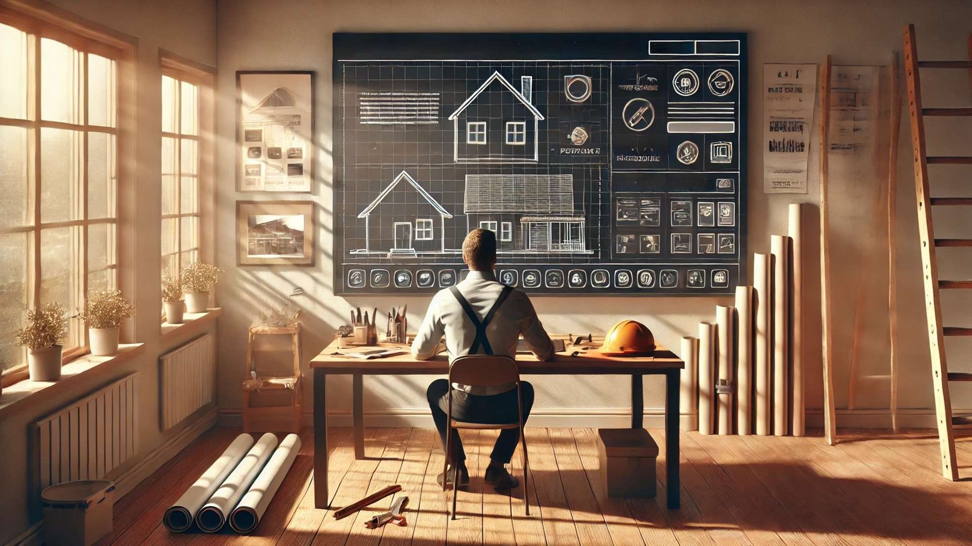 Roofing company owner reviewing a structured website blueprint diagram on a large wall display in a bright contractor office.