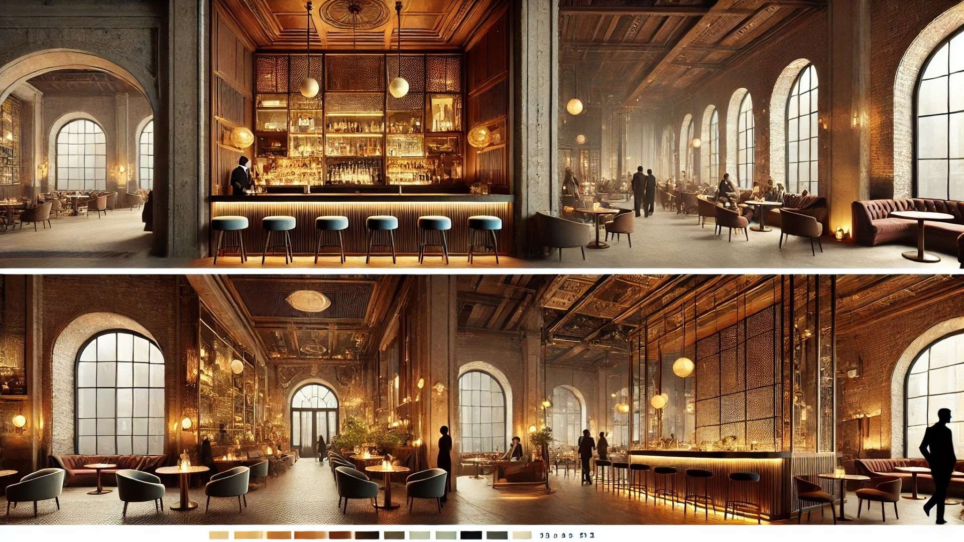 Warm, moody speakeasy-inspired interior with soaring arched windows, reclaimed wood and brass finishes, layered lounge spaces, intimate seating clusters, and softly illuminated social areas blending historic character with contemporary design.