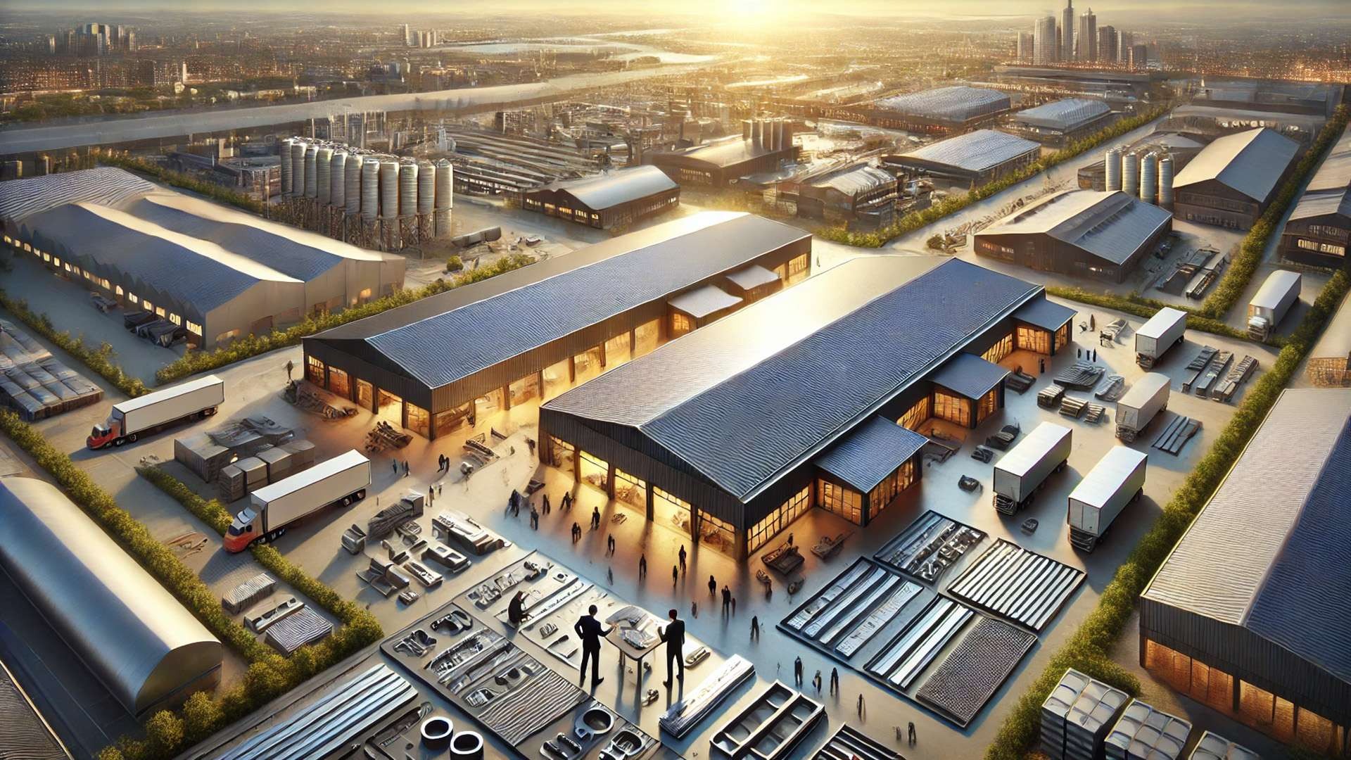 Expansive industrial complex with modern metal-roofed buildings, retrofit activity, and interlocking roof panels symbolizing growth, innovation, and strategic expansion in commercial roofing.