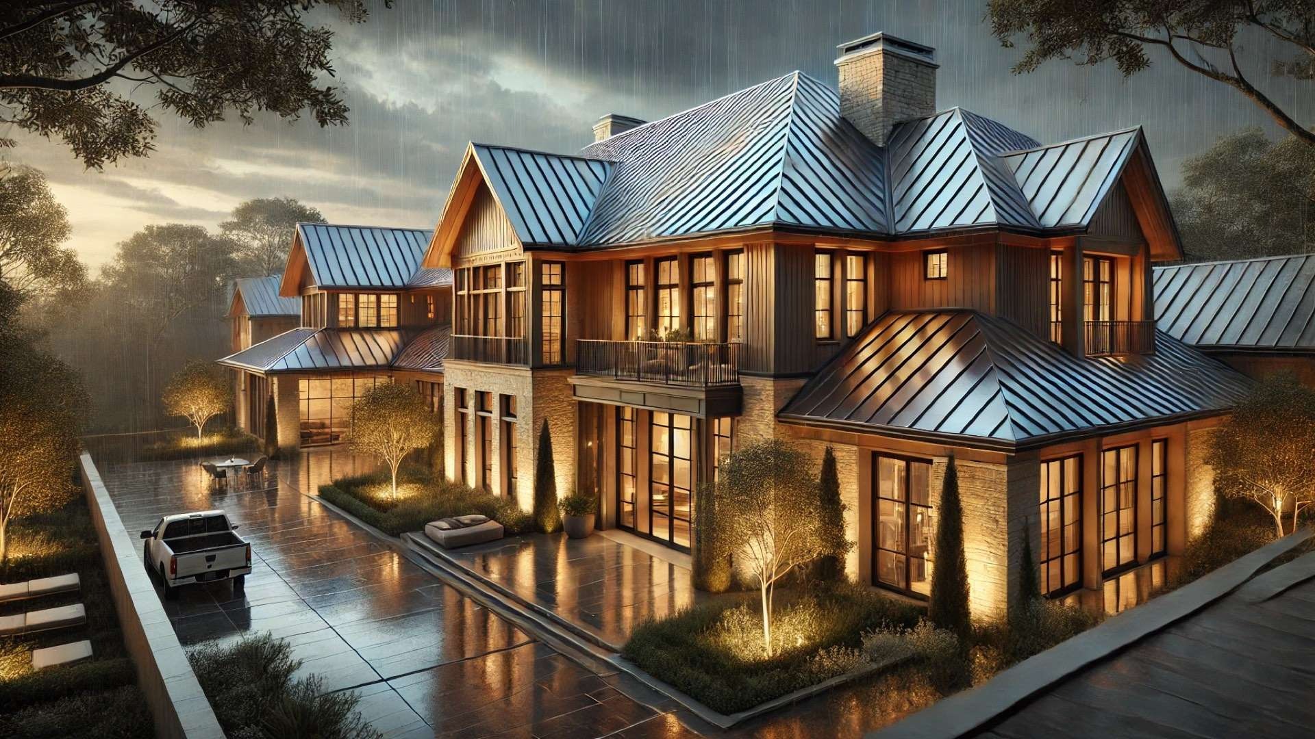 Upscale contemporary-traditional home with expansive metal rooflines, timber detailing, and illuminated outdoor spaces reflecting on rain-soaked paving at dusk.