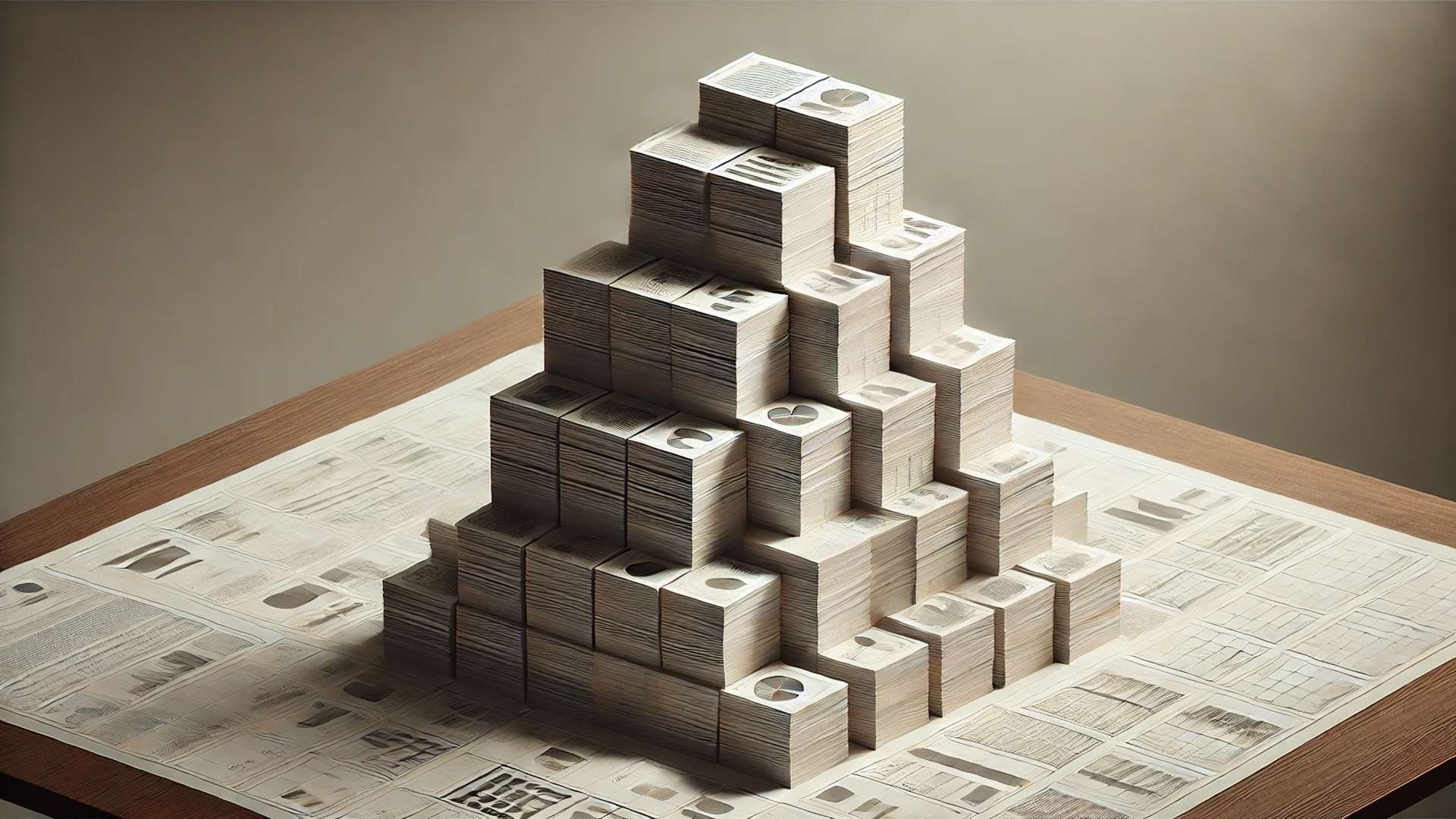 Stacks of printed documents arranged in a pyramid formation on a table covered with analytical charts.