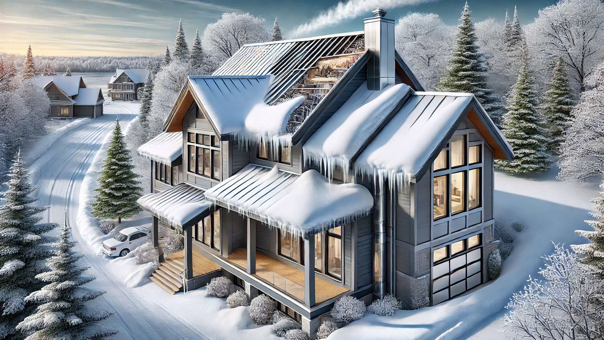 A modern Canadian home in winter shows snow shedding from a metal roof, with visible ice buildup along the eaves under a clear sky.