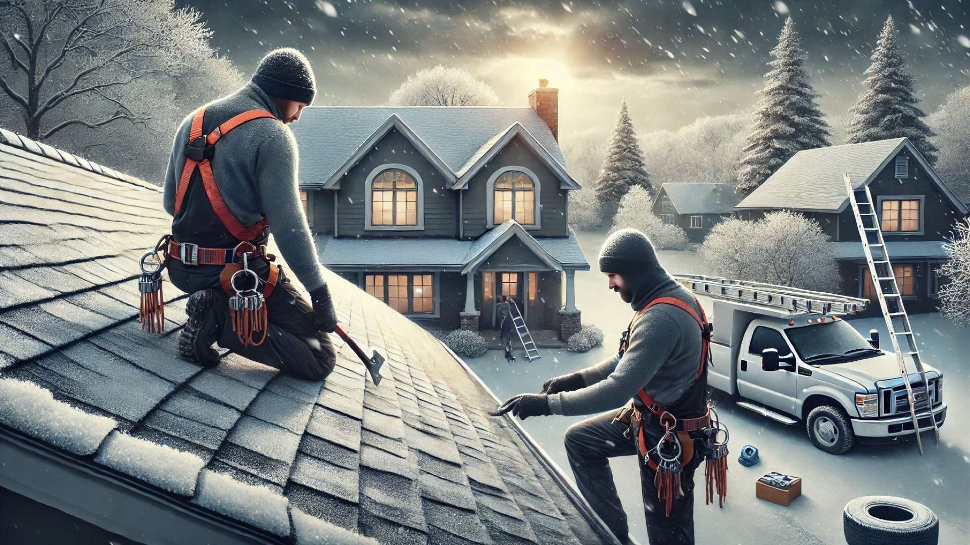 professional roofers working during winter under cold, cloudy conditions, highlighting preparation, safety, and efficiency