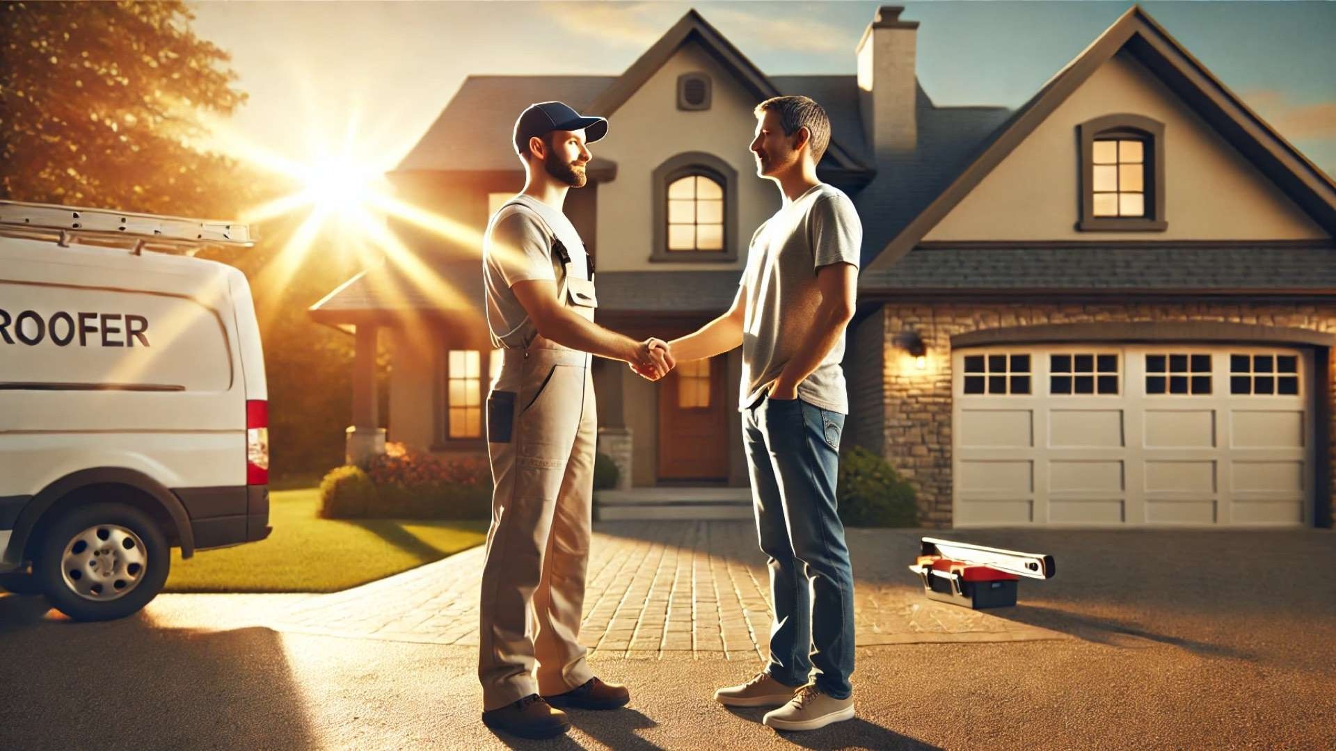 A roofer and homeowner shake hands outside a completed home at sunset, symbolizing trust, satisfaction, and successful vendor-free lead generation.