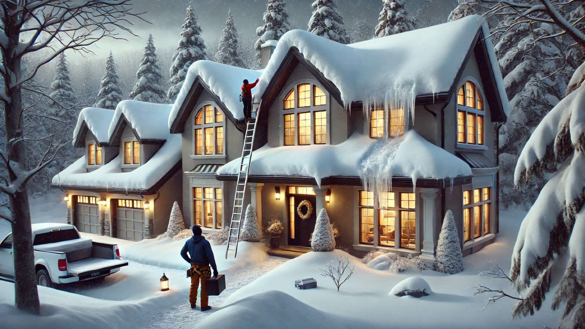 Snow-covered luxury home after a winter storm with heavy roof accumulation and icicles, while roofing professionals inspect for damage in a snowy forest setting.