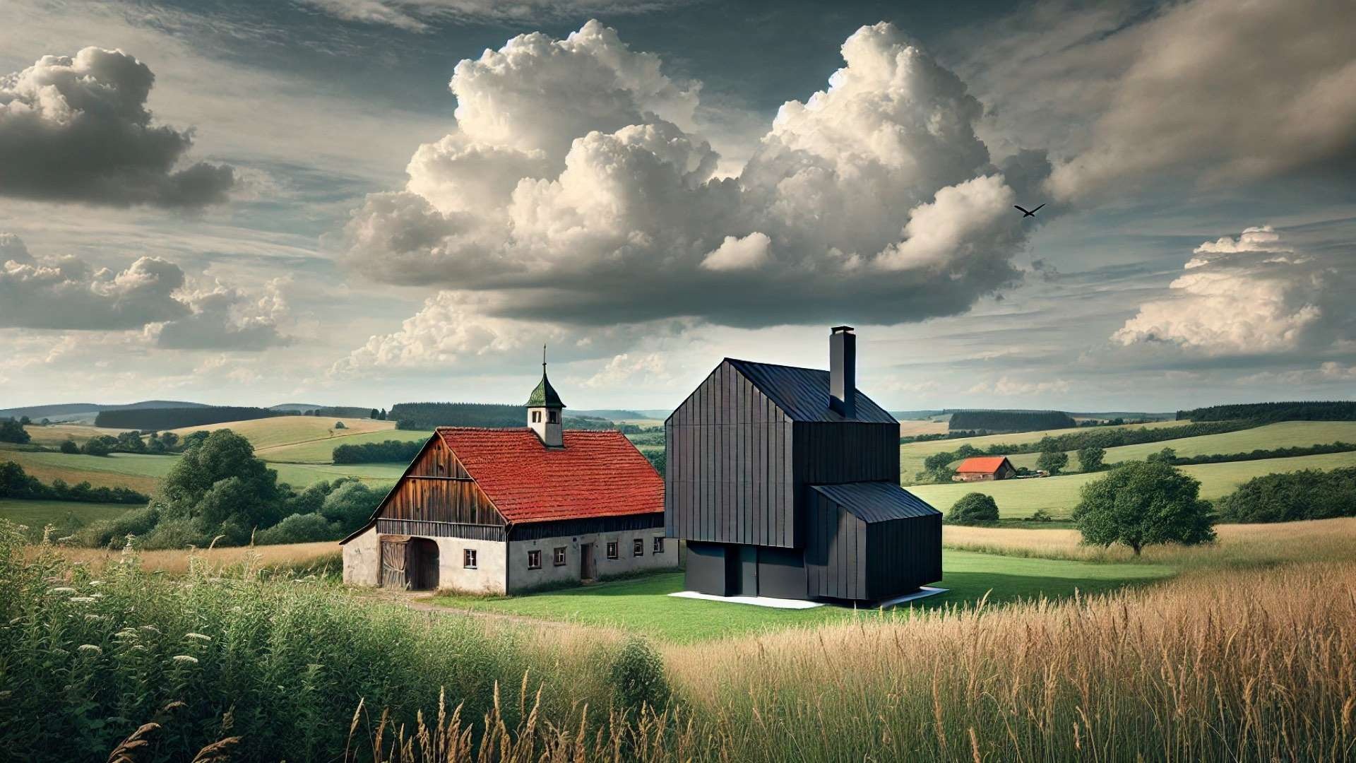 "Box in the Barn" concept in the Czech countryside, showcasing the contrast between modern minimalism and rustic tradition in a serene landscape
