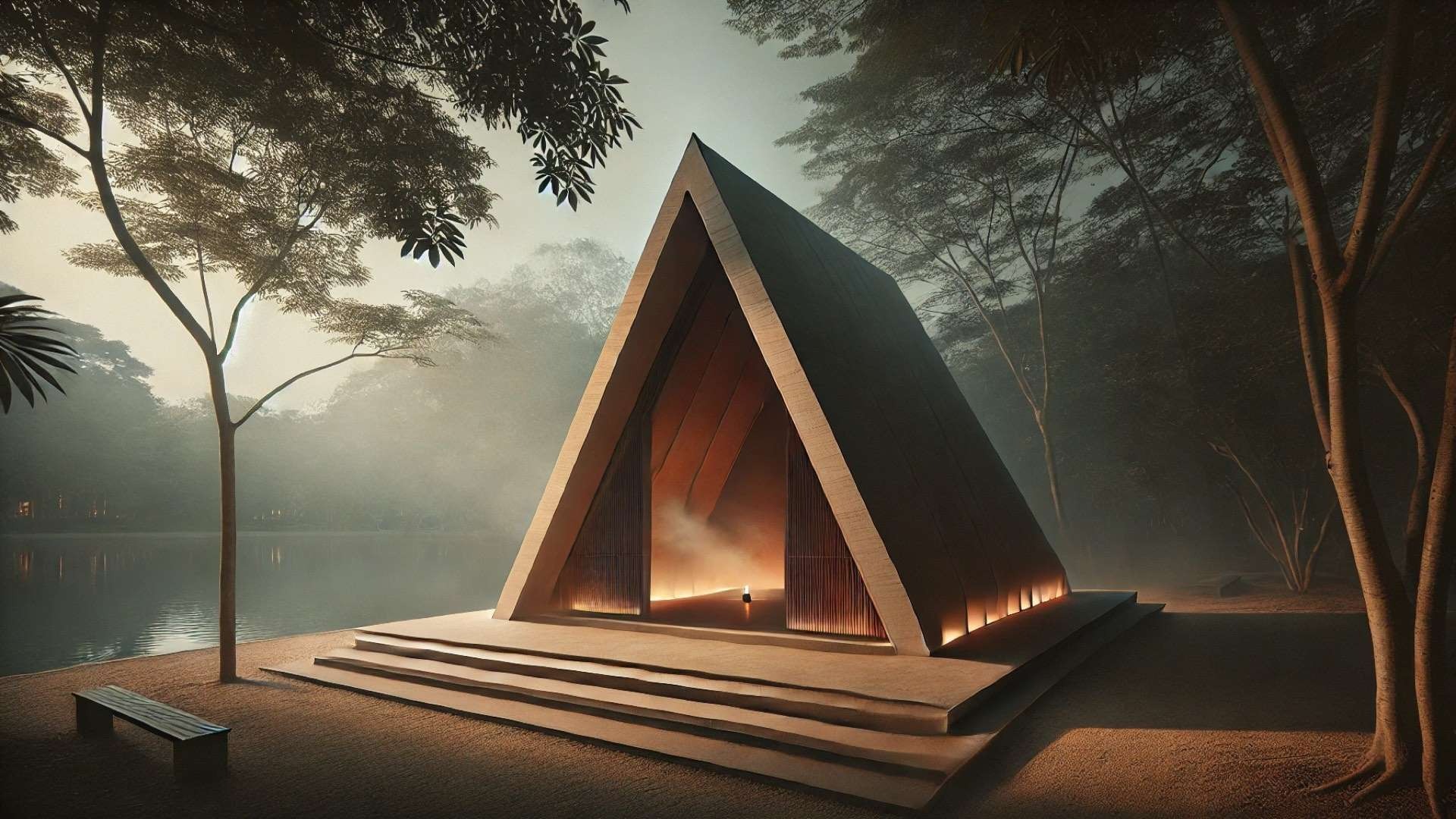 Temple of Darkness Bakhoor, capturing its quiet presence beside the lake, with a moody atmosphere and subtle smoke rising from within