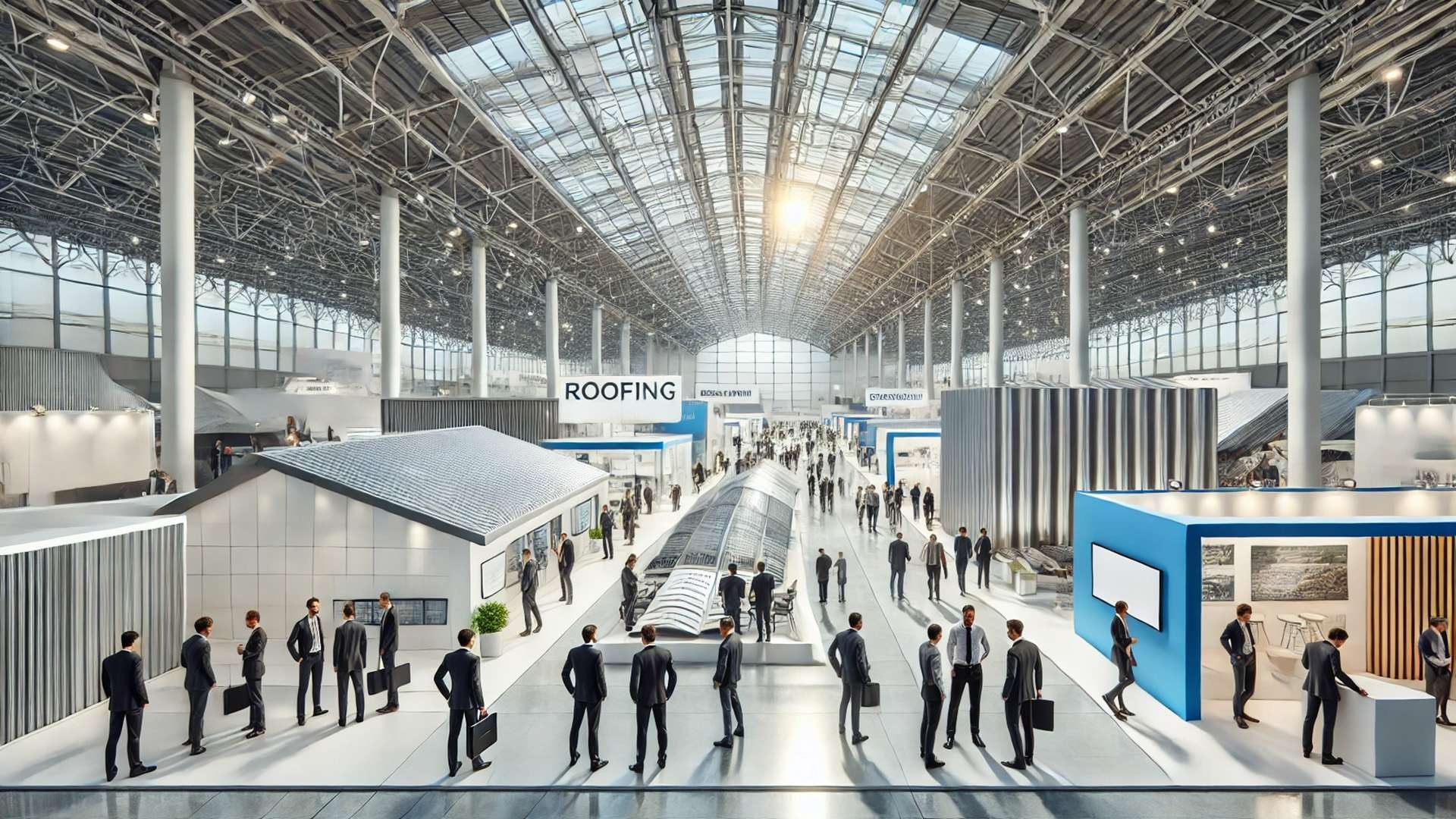Large modern convention center exhibition hall with roofing and building-envelope displays where professionals network around roof models and construction materials.