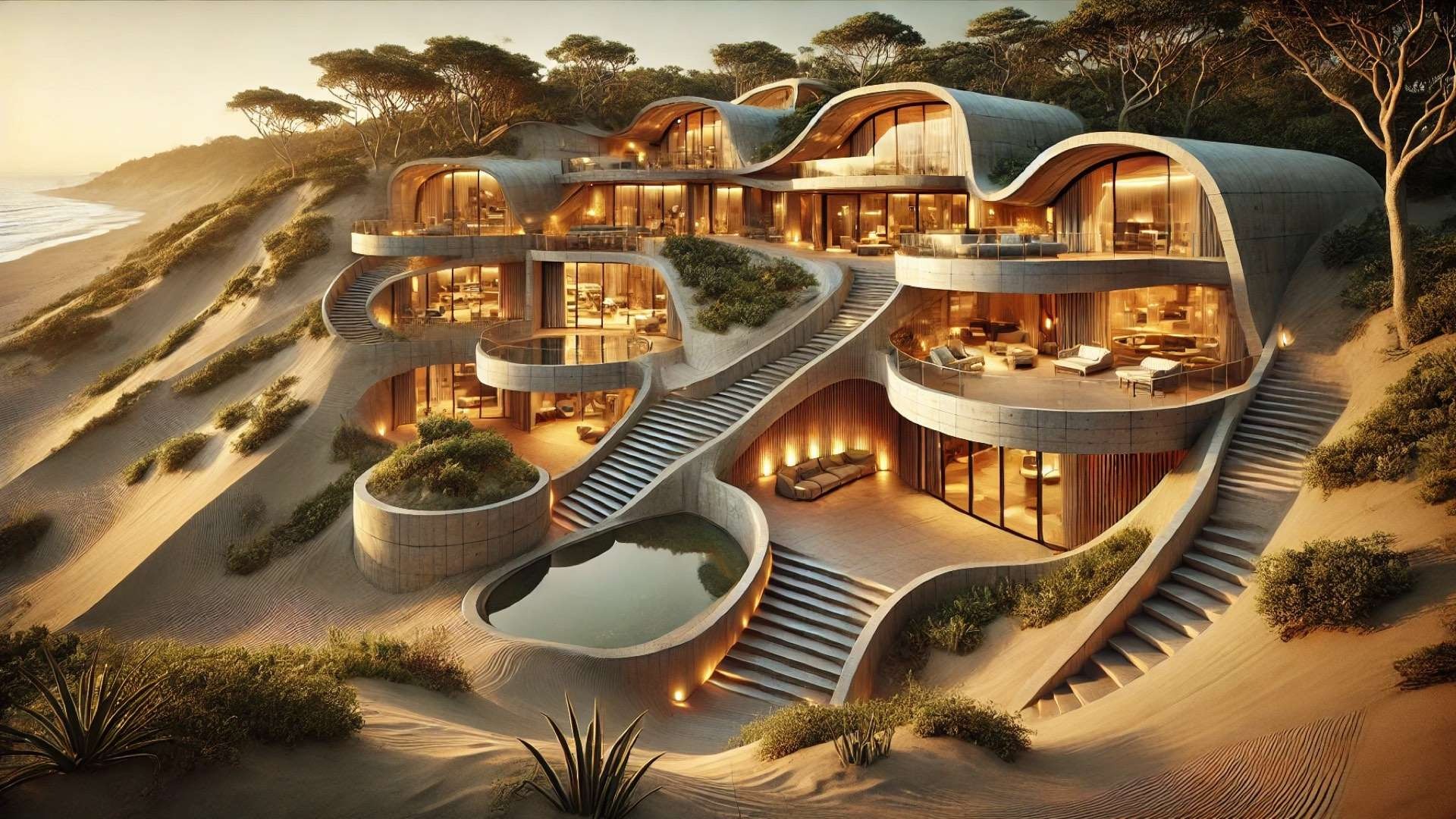Luxury dune-integrated retreat featuring wave-like concrete architecture, terraced living spaces, reflective pools, and sweeping curved roofs nestled within a coastal forest.