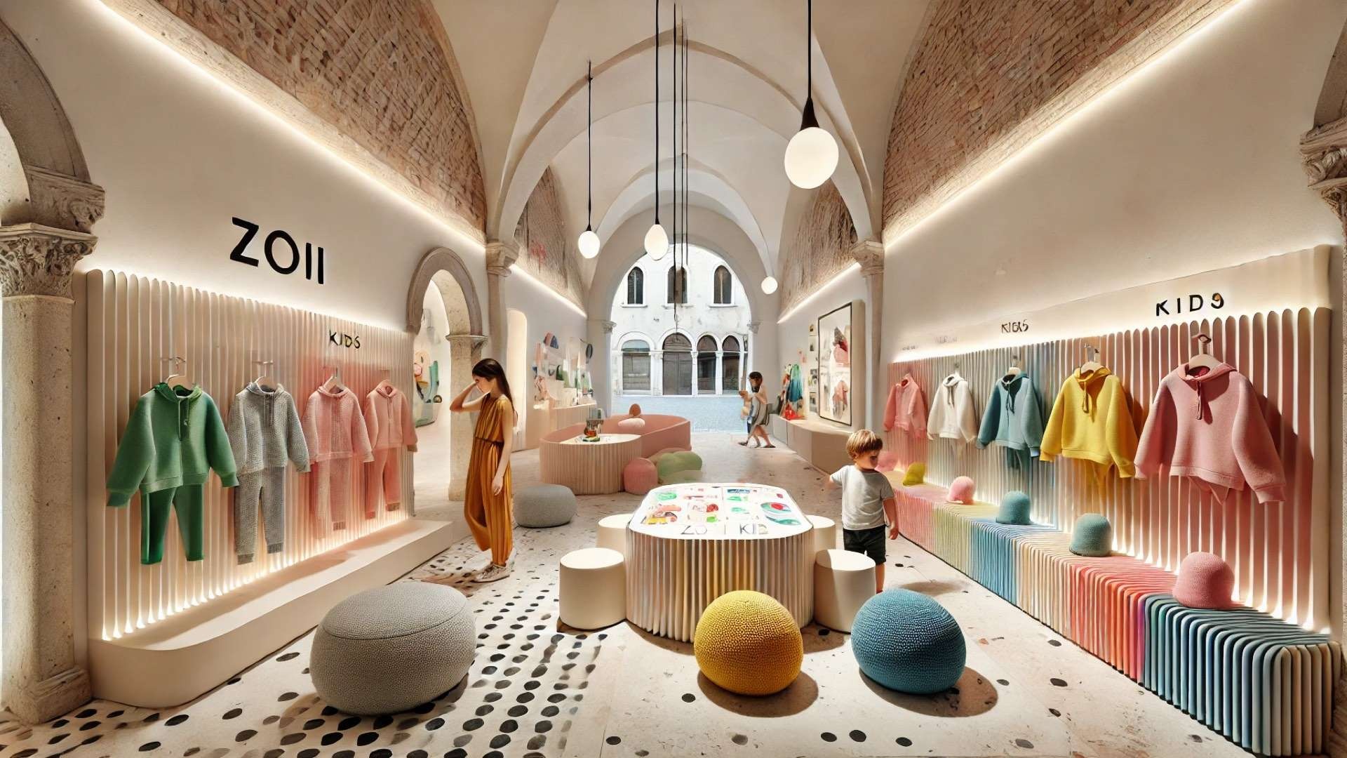 capturing the playful, modern interior of the Zoii Kids Retail Space, with its blend of whimsical design and historic charm
