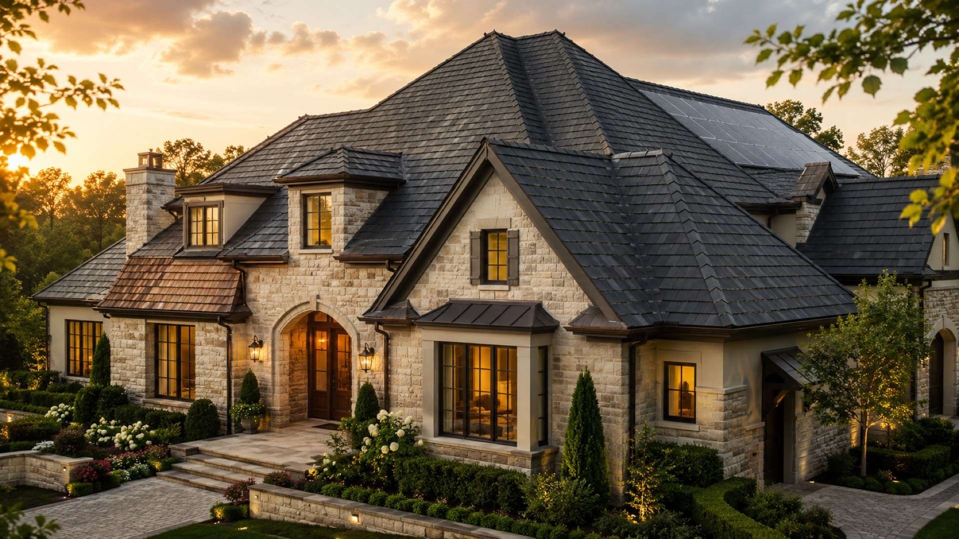 An upscale stone-and-stucco home at golden hour with a newly crafted dark slate-style roof, cedar-shake accent section, and discreet solar panels, framed by manicured landscaping, warm window light, and a refined paver driveway.