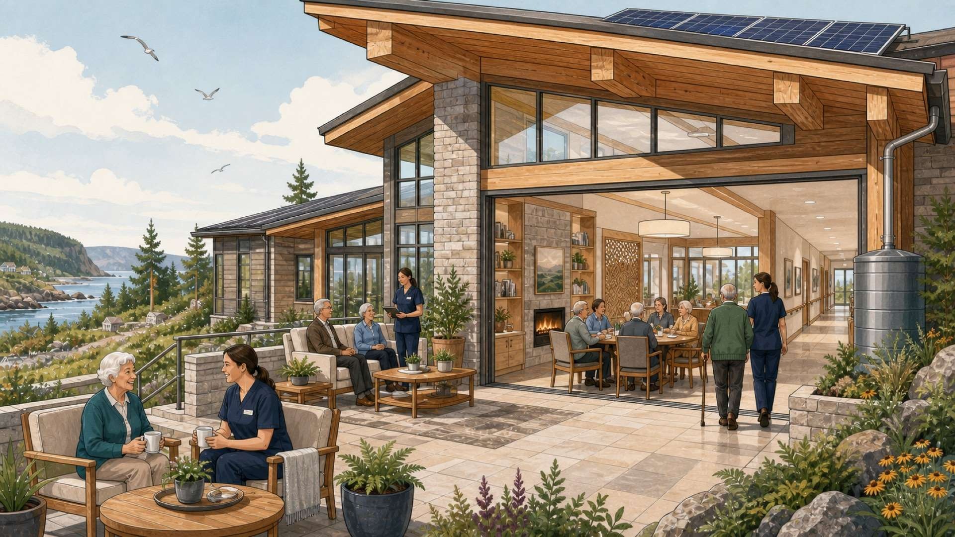 Caregivers and residents in a bright contemporary care home with open spaces, large windows, solar panels, wood and stone materials, and a calm landscaped setting.