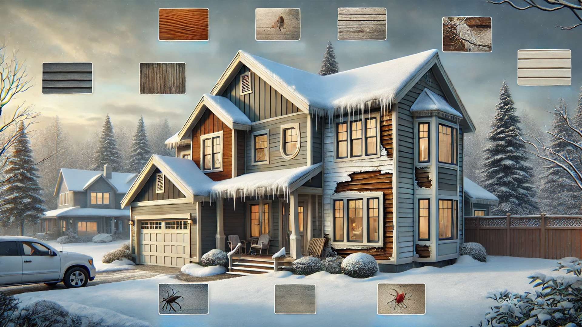 illustration showing winter-related siding issues across different materials—wood, vinyl, and steel—in a realistic suburban setting