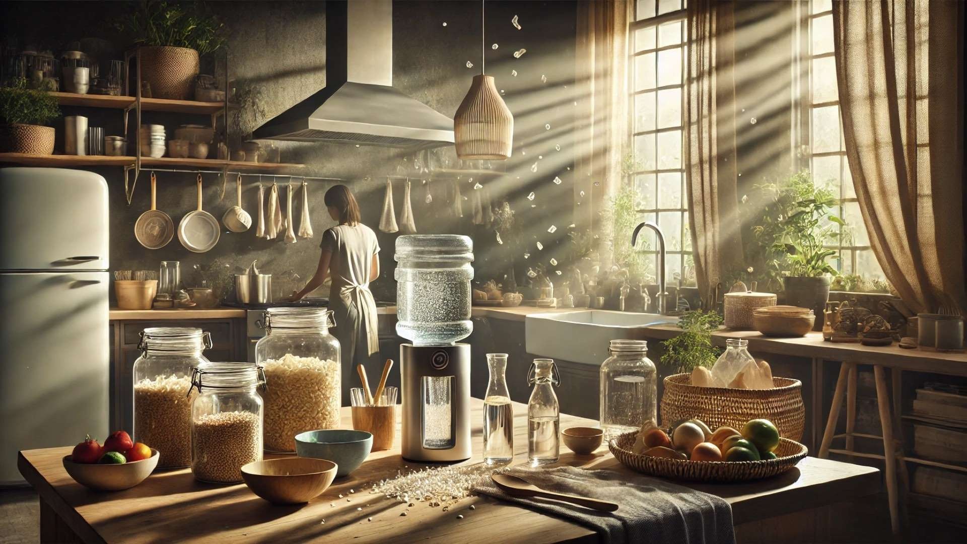 Sunlit sustainable kitchen with glass storage jars, wooden utensils, filtered water, and natural textiles, while tiny translucent particles drift through beams of light symbolizing microplastic contamination.