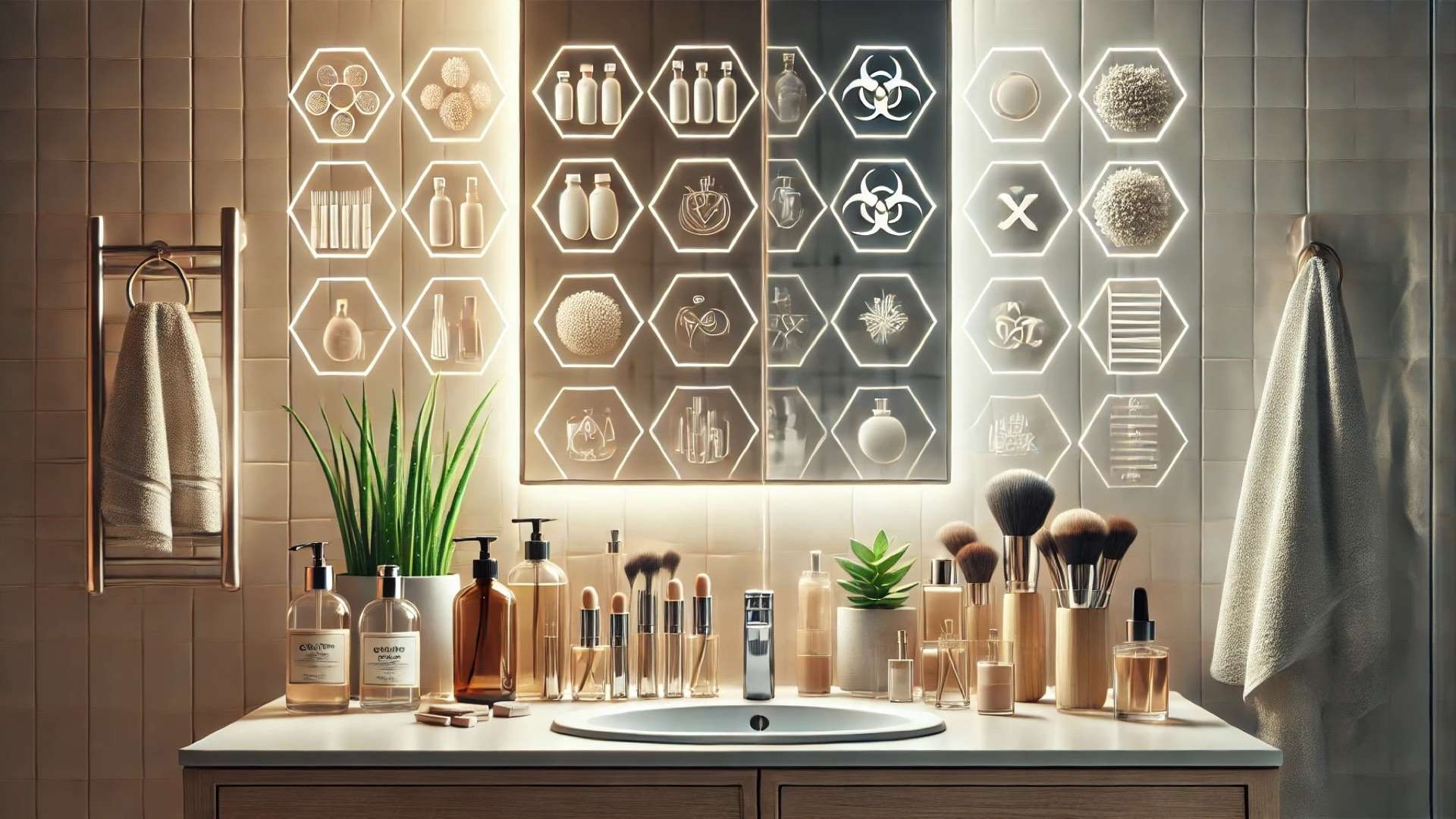 Modern bathroom vanity filled with skincare and cosmetic products, with glowing chemical-style icons reflected in the mirror alongside natural plants and clean beauty items.