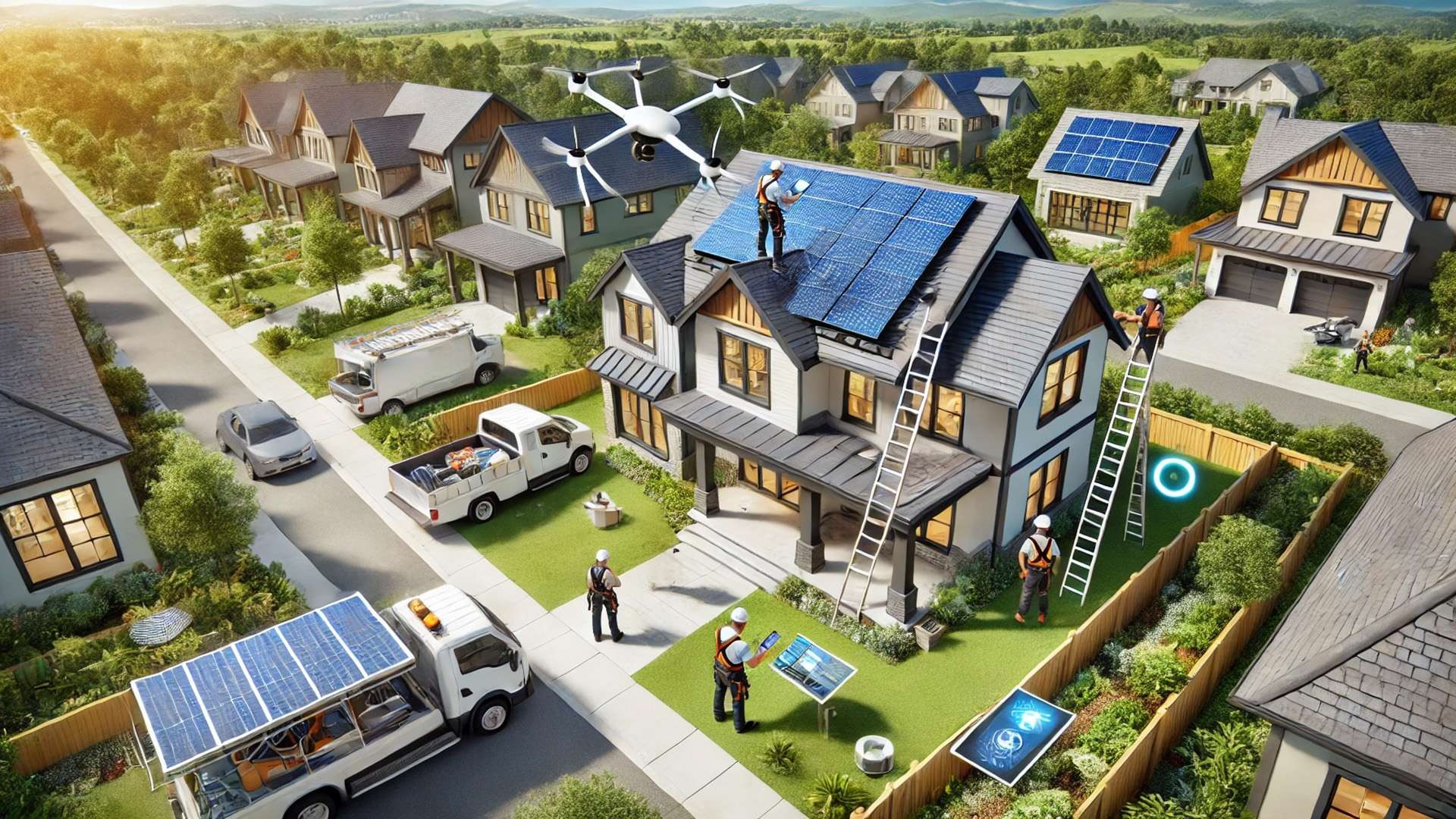 capturing a forward-thinking roofing industry scene with technology, sustainability, and craftsmanship integrated into an upscale residential setting