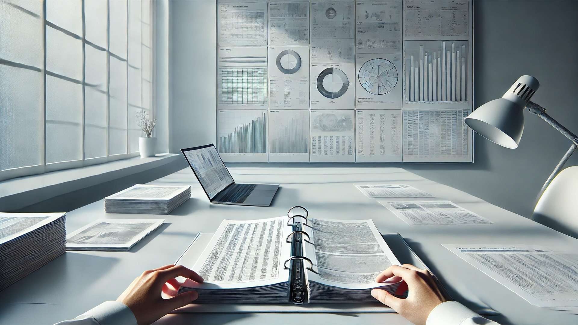 Hands holding open a thick binder of documents on a desk, with printed charts mounted on the wall in front of a large window.