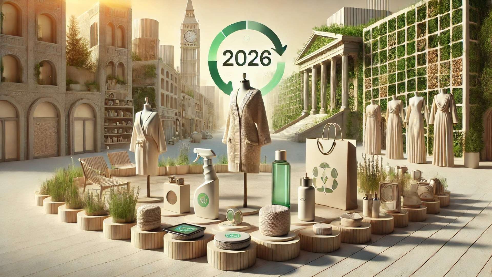 capturing the future of sustainable luxury in fashion, beauty, and design, set in a stylized, eco-conscious 2026 environment